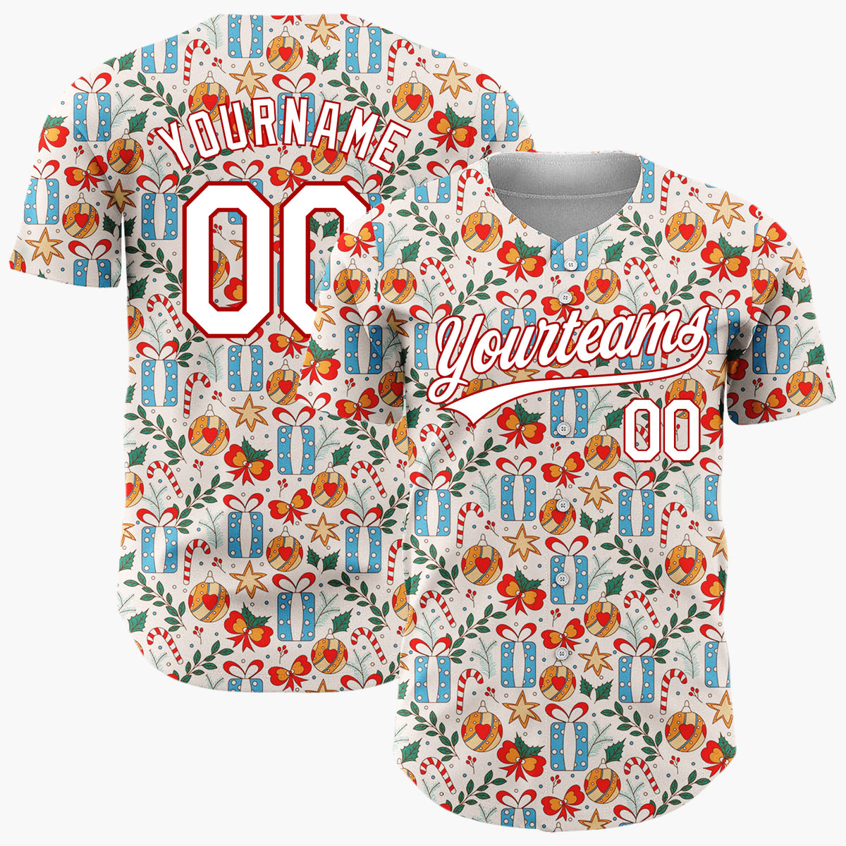 Custom Cream Blue Red Gifts Candy Canes And Baubles Detailed Hand Drawn Pattern Christmas Baseball Jersey