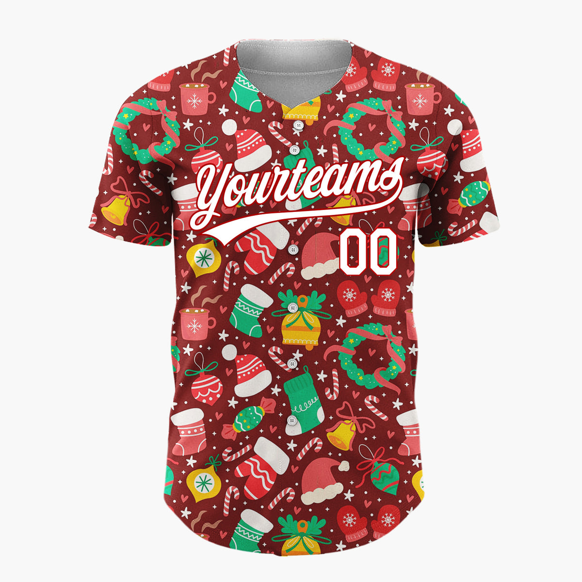 Custom Burgundy Mittens Hats Gifts And Candy Canes Festive Christmas Baseball Jersey