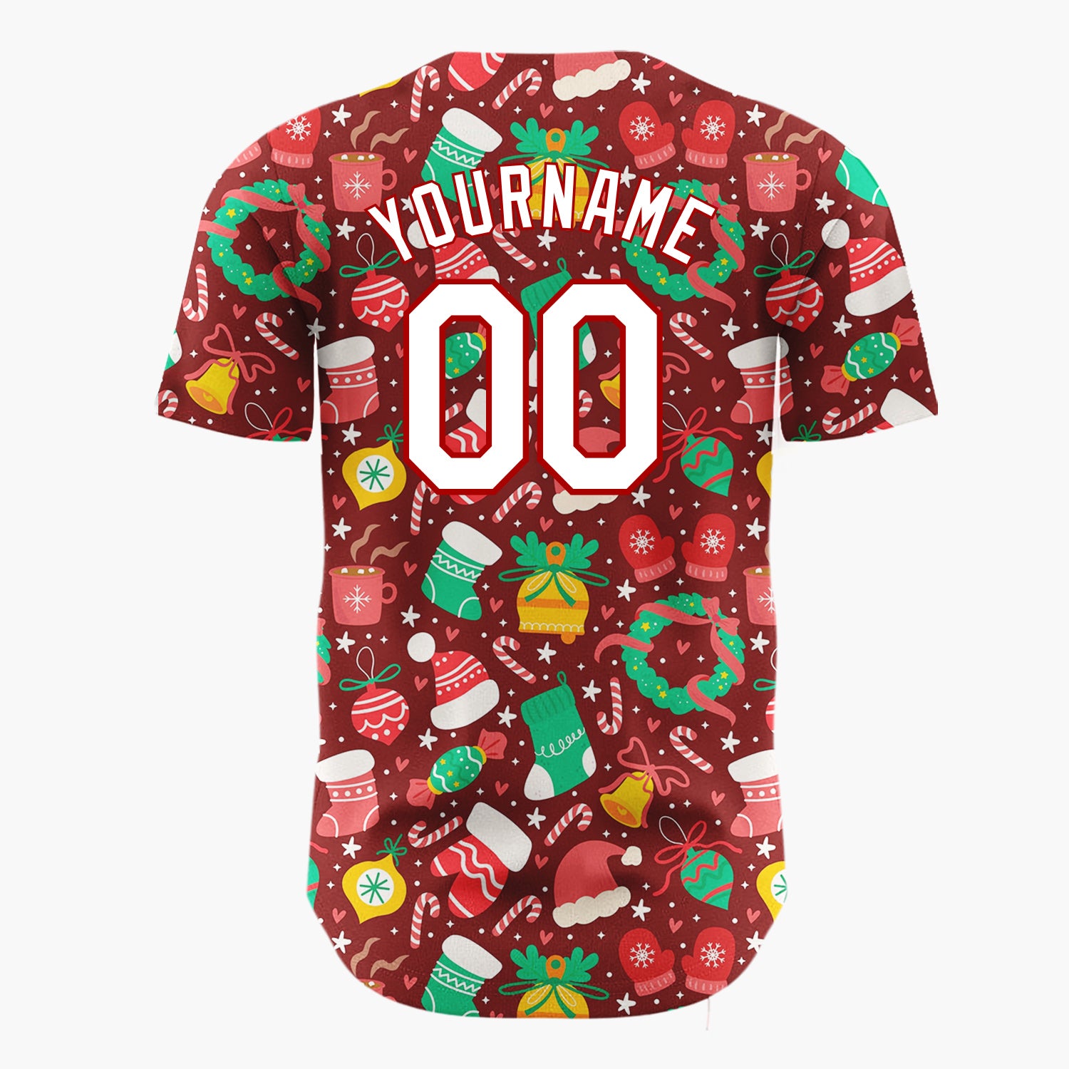 Custom Burgundy Mittens Hats Gifts And Candy Canes Festive Christmas Baseball Jersey