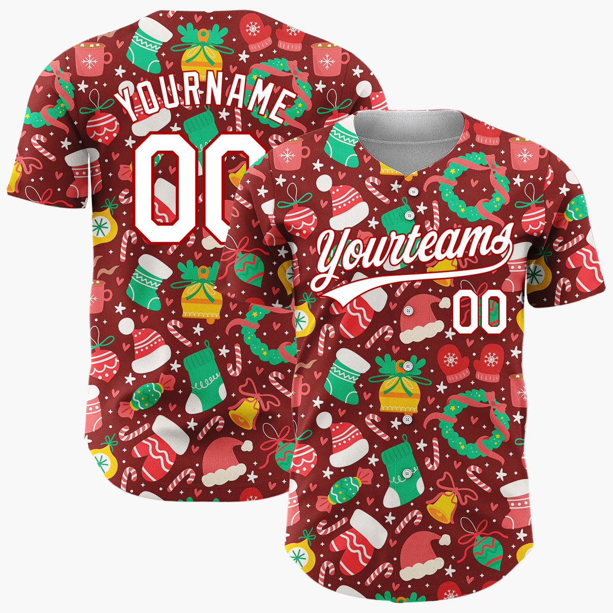 Custom Burgundy Mittens Hats Gifts And Candy Canes Festive Christmas Baseball Jersey