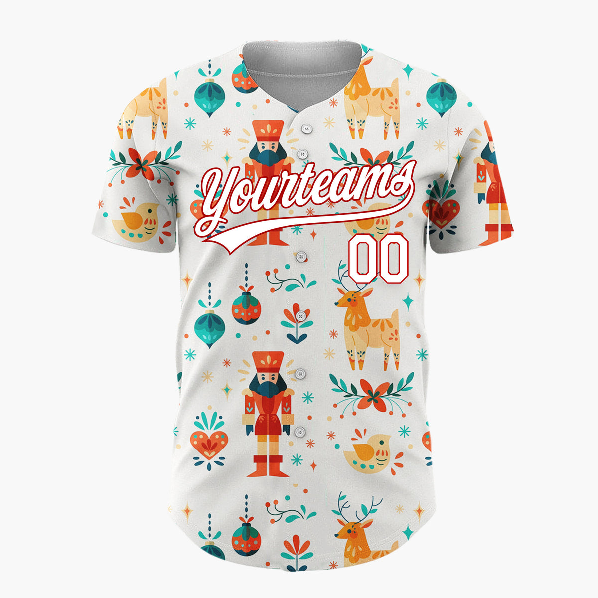 Custom Cream Orange Nutcracker Reindeer Folk Art Pattern Christmas Baseball Jersey