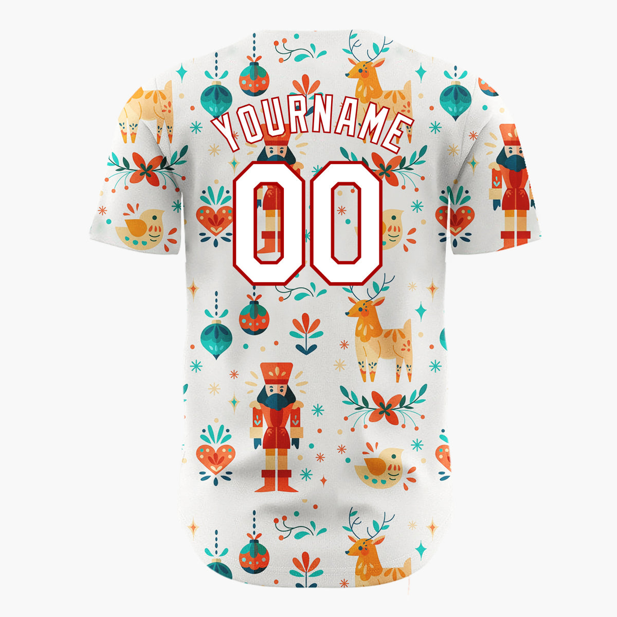Custom Cream Orange Nutcracker Reindeer Folk Art Pattern Christmas Baseball Jersey
