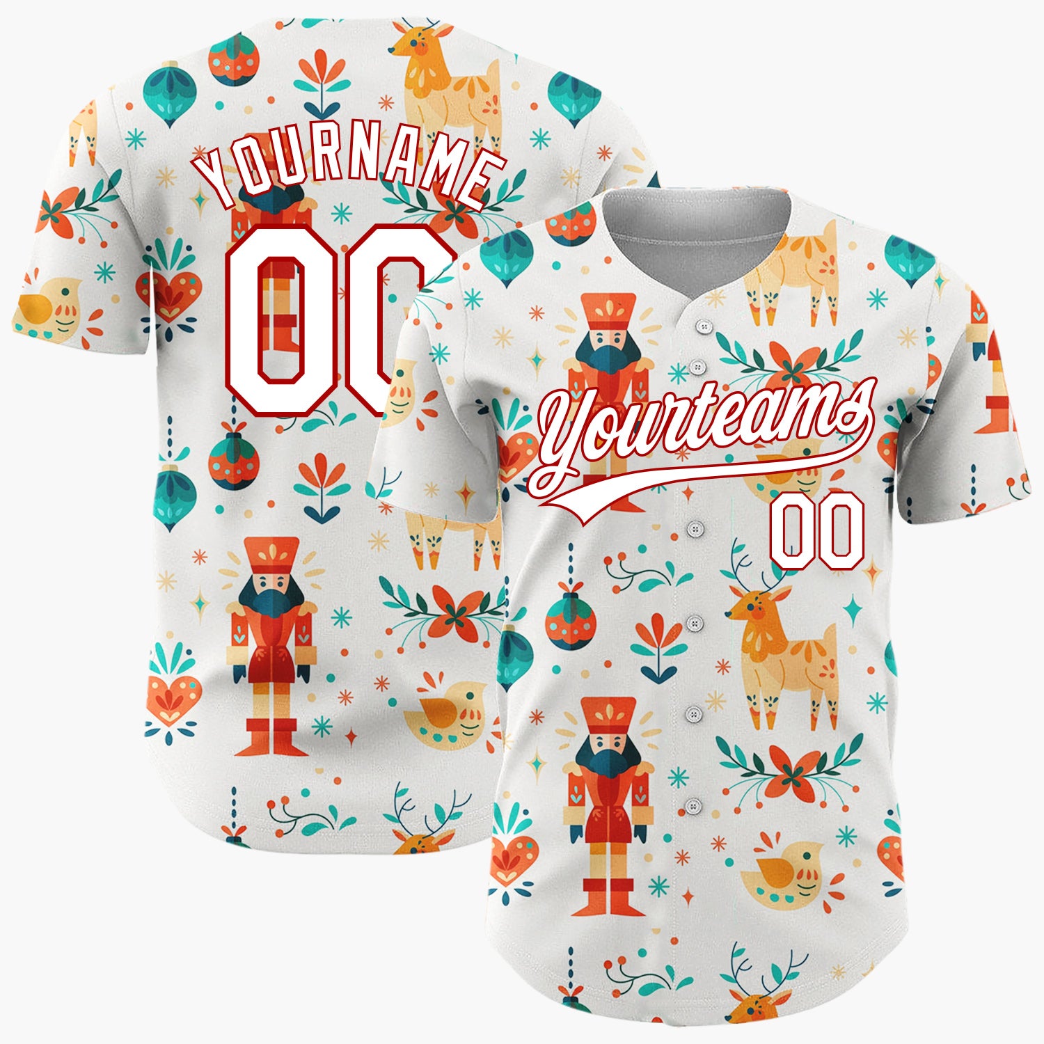 Custom Cream Orange Nutcracker Reindeer Folk Art Pattern Christmas Baseball Jersey