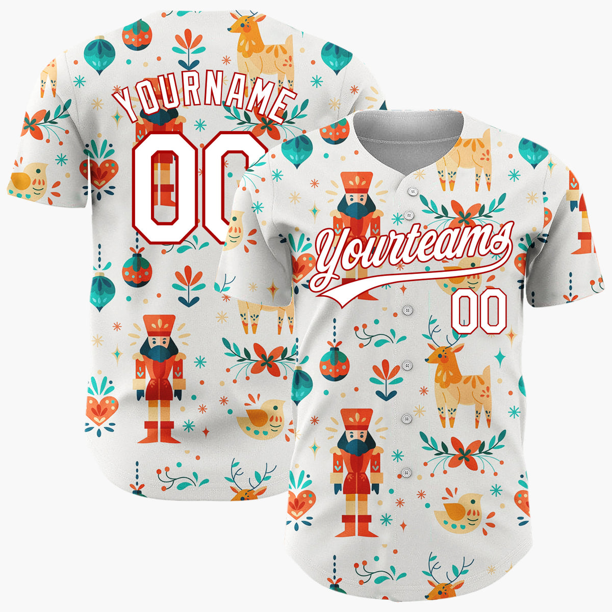 Custom Cream Orange Nutcracker Reindeer Folk Art Pattern Christmas Baseball Jersey