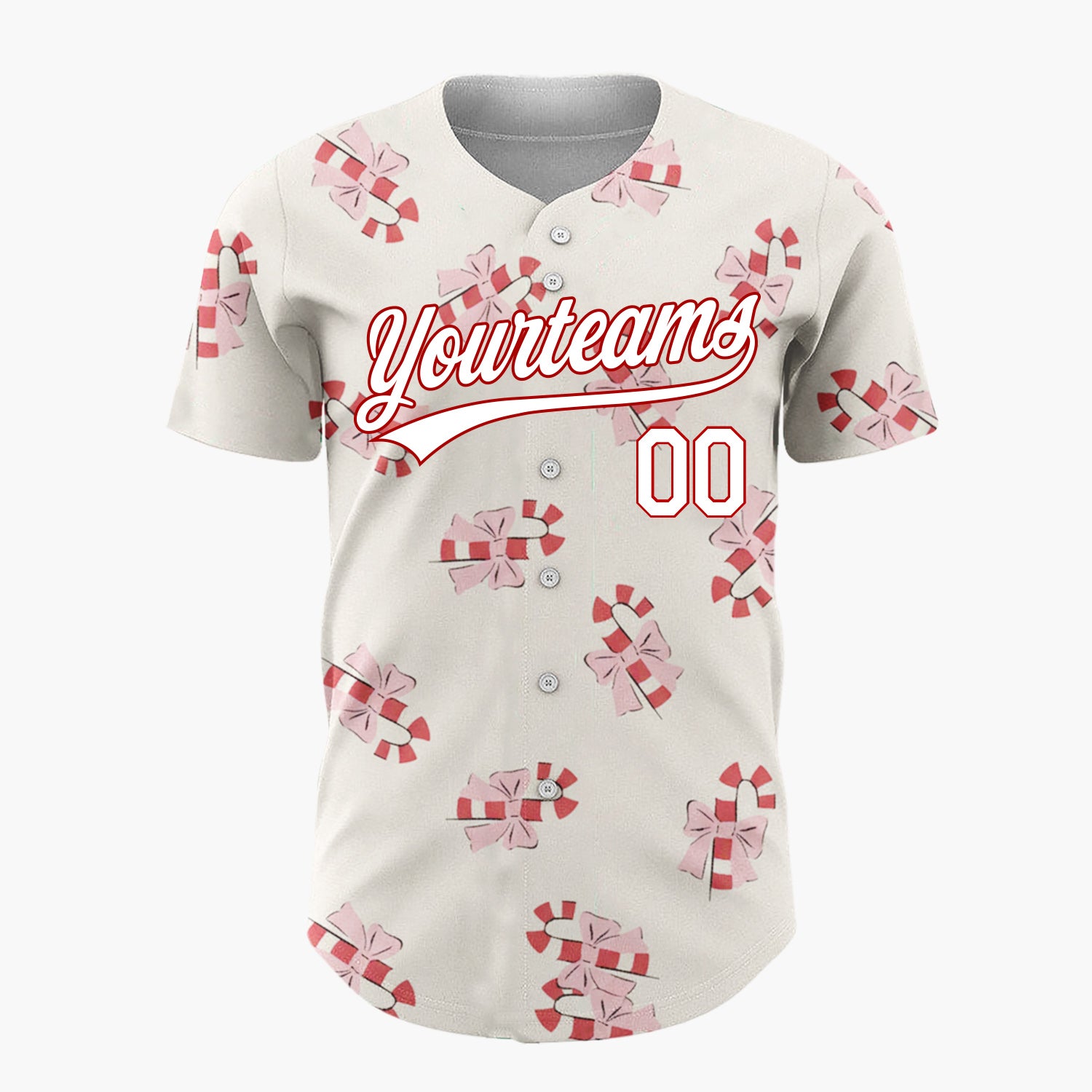 Custom Cream Pink Candy Canes With Bows Sweet Christmas Baseball Jersey