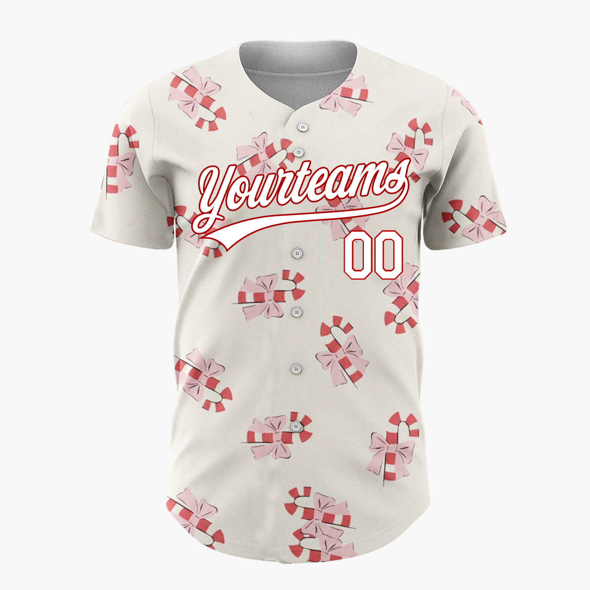 Custom Cream Pink Candy Canes With Bows Sweet Christmas Baseball Jersey
