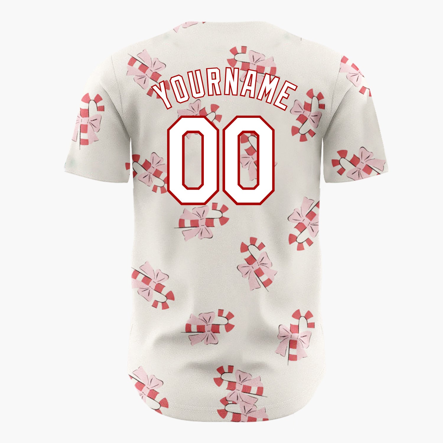 Custom Cream Pink Candy Canes With Bows Sweet Christmas Baseball Jersey