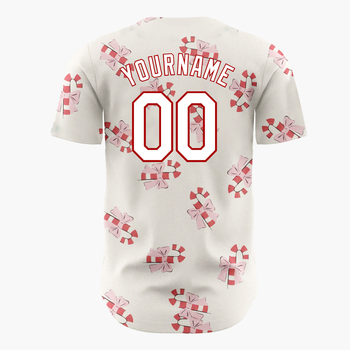 Custom Cream Pink Candy Canes With Bows Sweet Christmas Baseball Jersey
