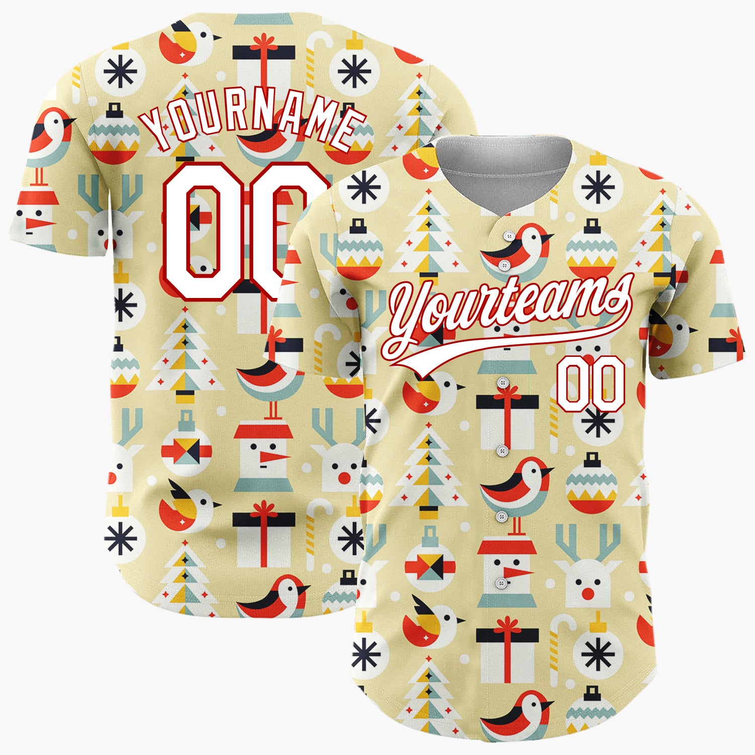 Custom Cream Minimalist Santa Reindeer And Bird Geometric Christmas Baseball Jersey