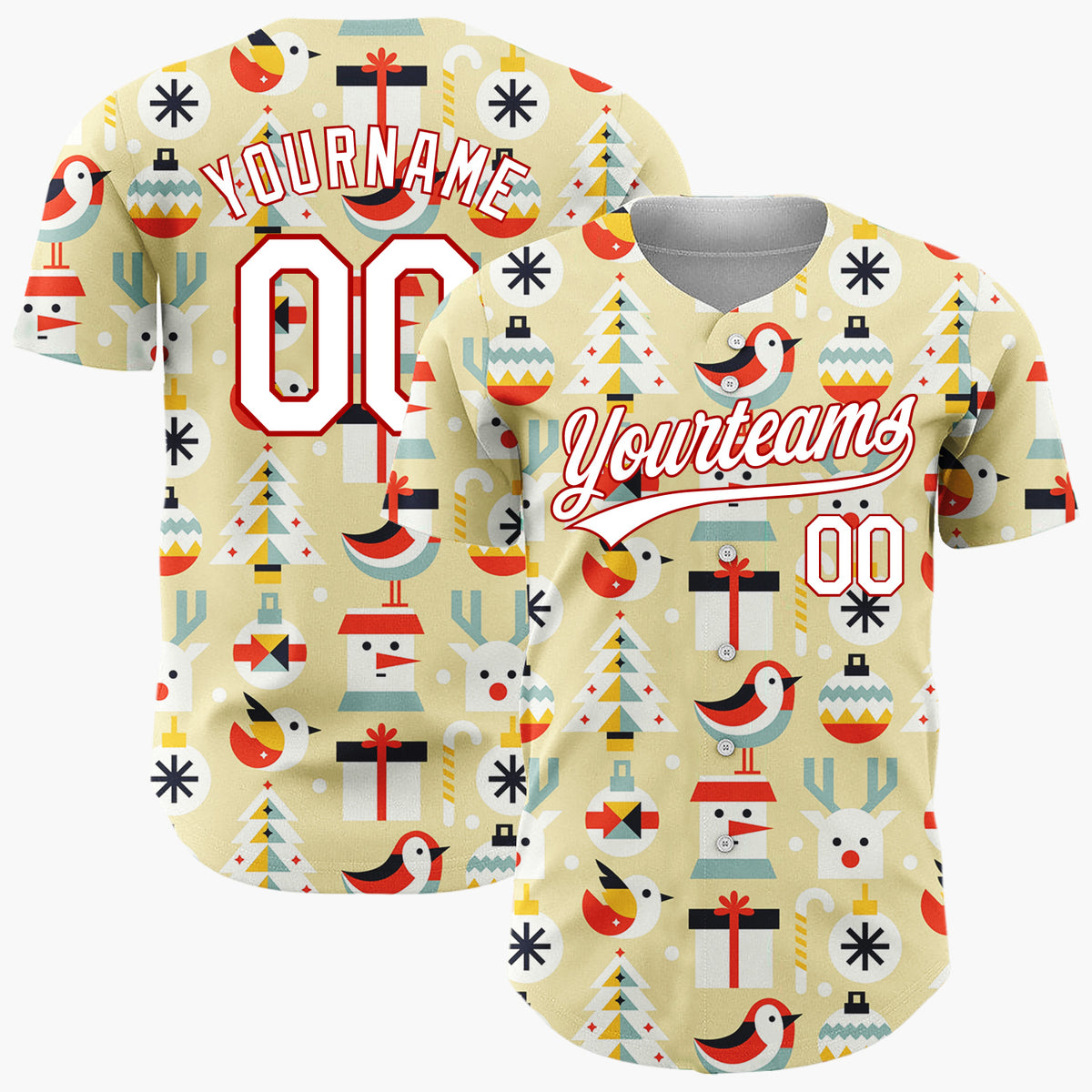 Custom Cream Minimalist Santa Reindeer And Bird Geometric Christmas Baseball Jersey