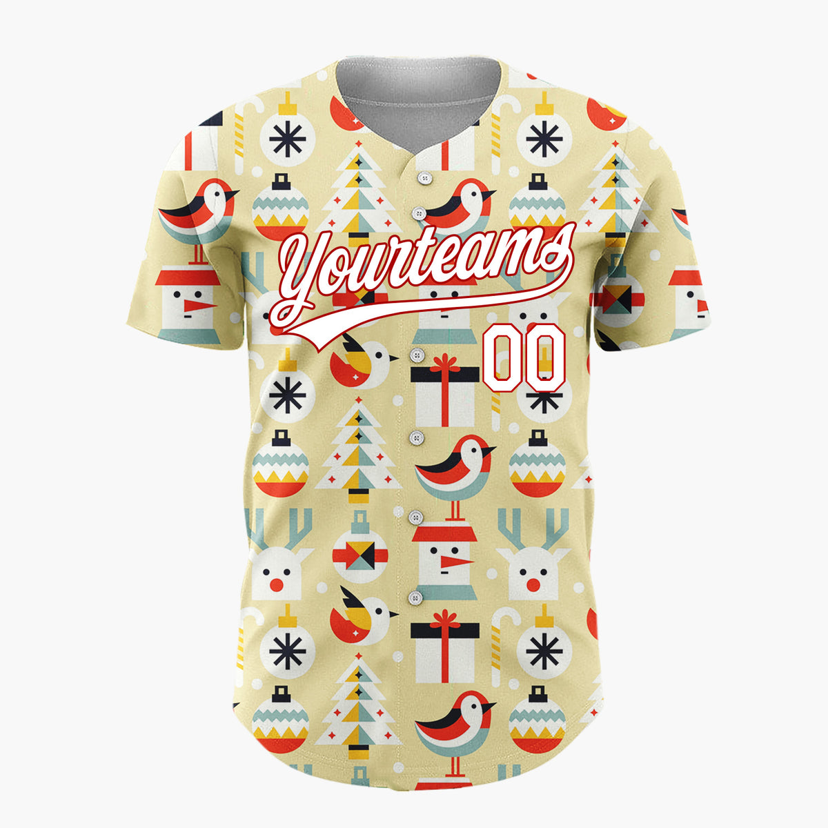 Custom Cream Minimalist Santa Reindeer And Bird Geometric Christmas Baseball Jersey