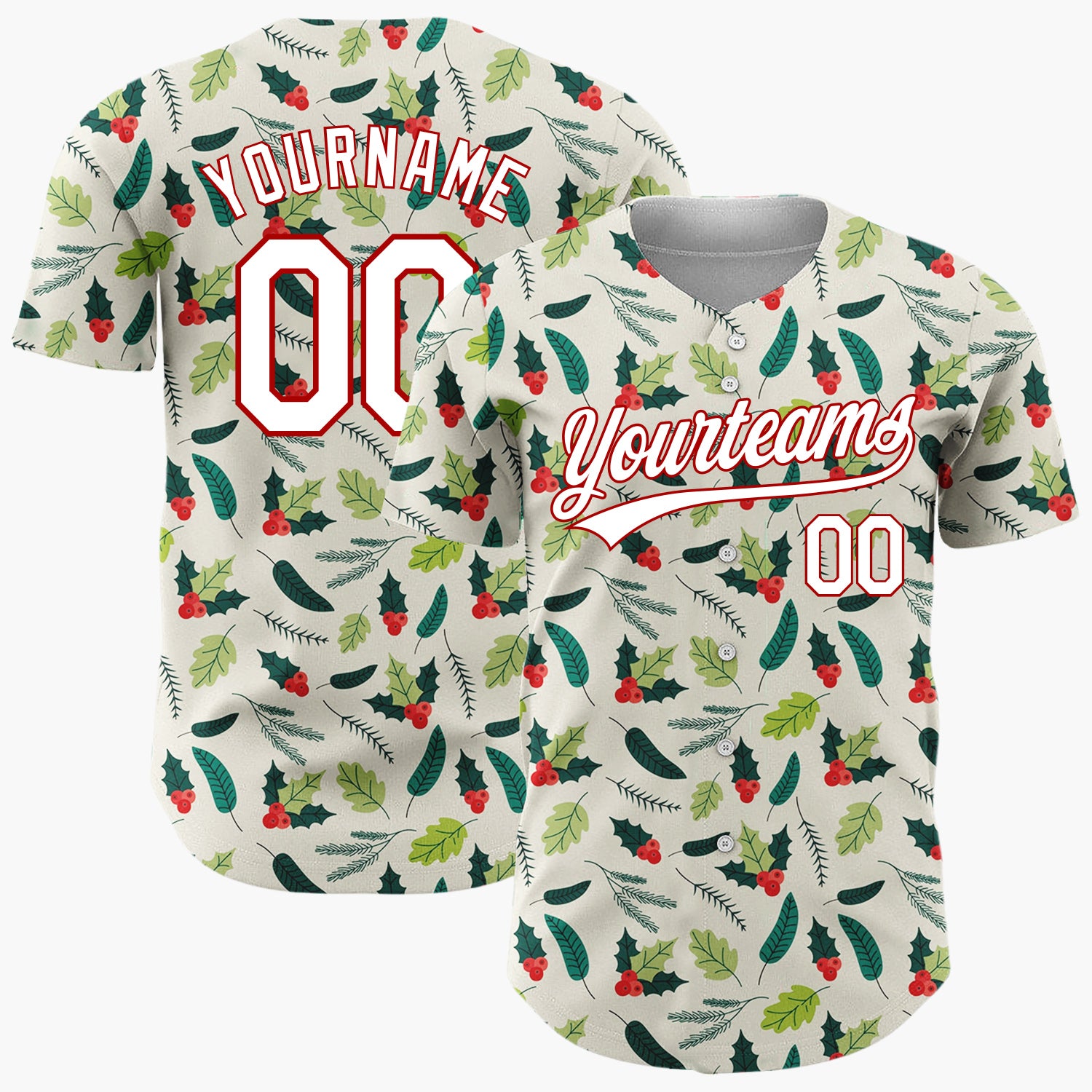 Custom Cream Green Holly Leaves And Berries Minimal Christmas Baseball Jersey