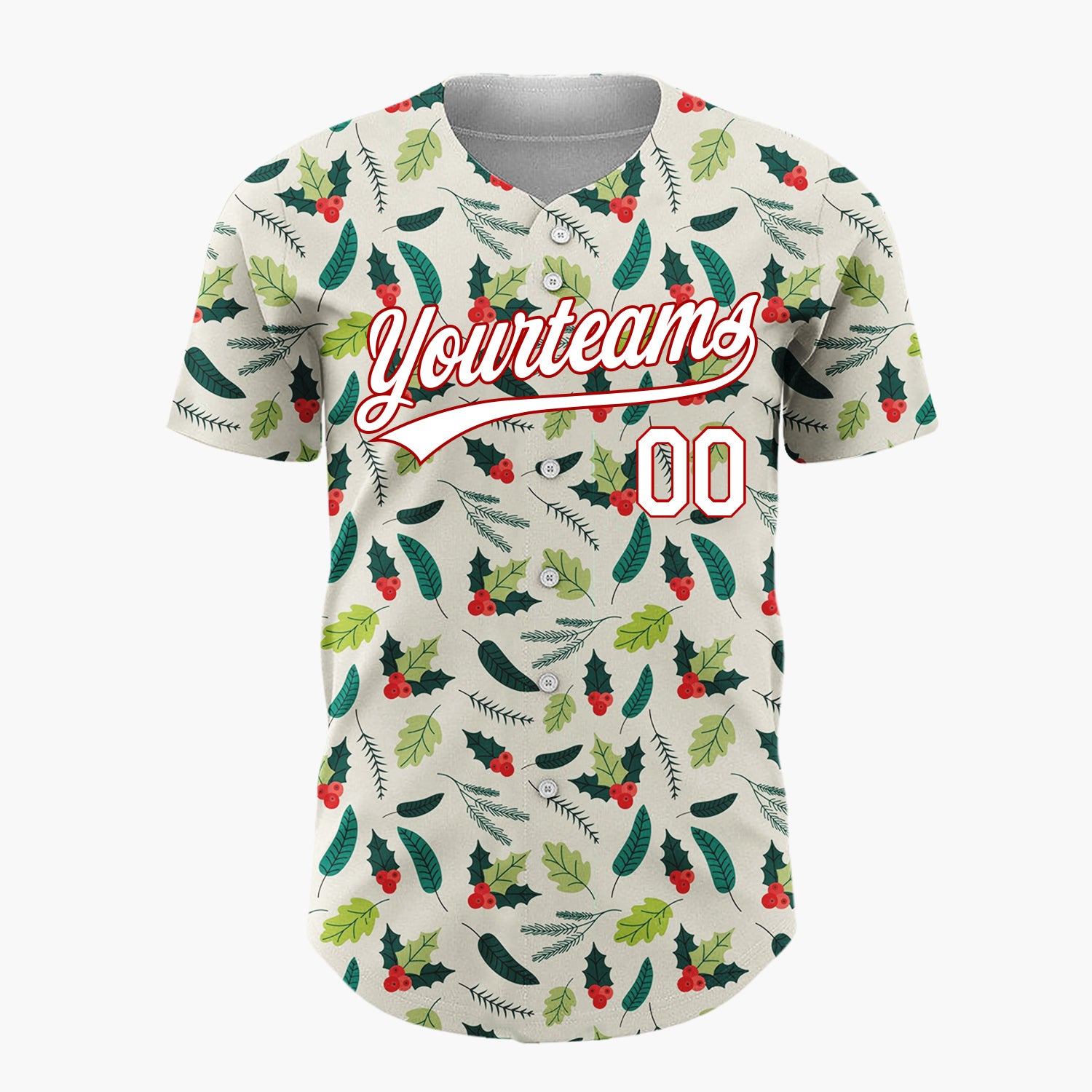 Custom Cream Green Holly Leaves And Berries Minimal Christmas Baseball Jersey