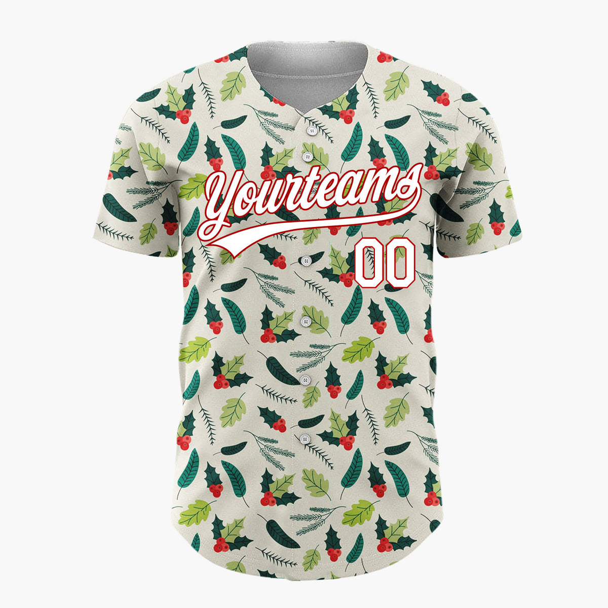 Custom Cream Green Holly Leaves And Berries Minimal Christmas Baseball Jersey