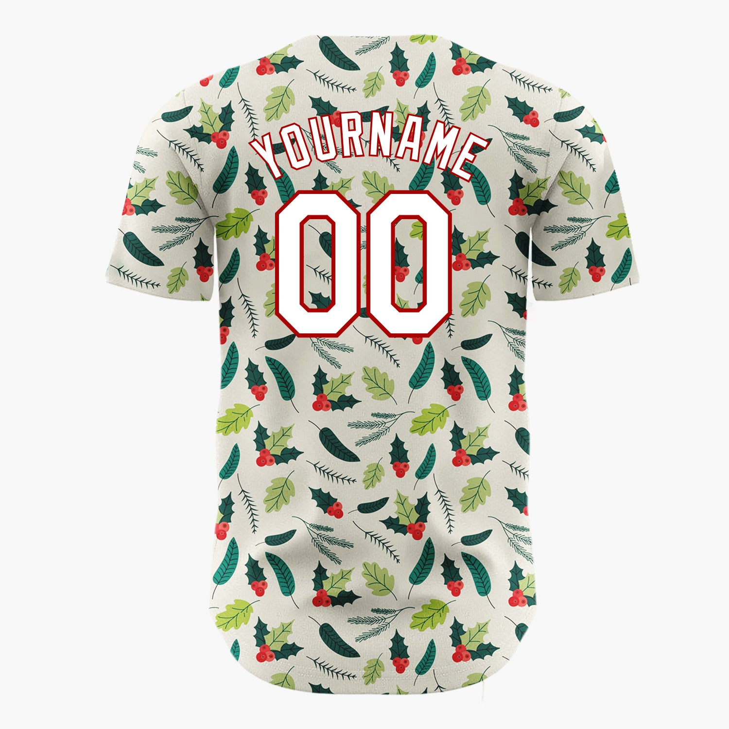 Custom Cream Green Holly Leaves And Berries Minimal Christmas Baseball Jersey