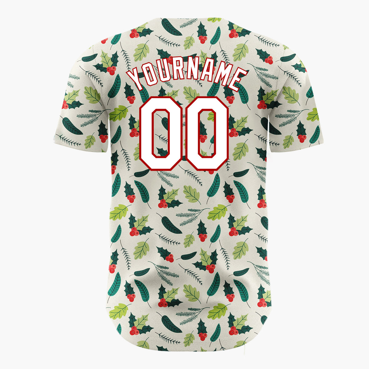 Custom Cream Green Holly Leaves And Berries Minimal Christmas Baseball Jersey