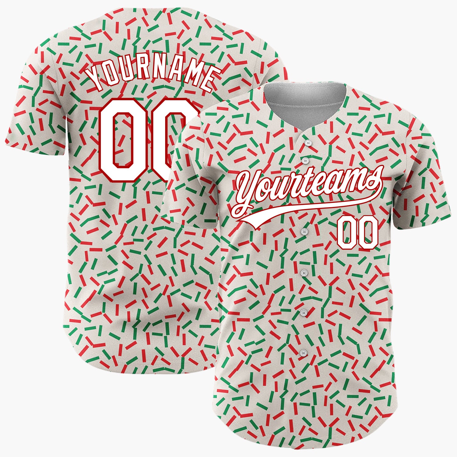 Custom Cream Red Green Confetti Sprinkles Abstract Pattern Christmas Baseball Jersey
