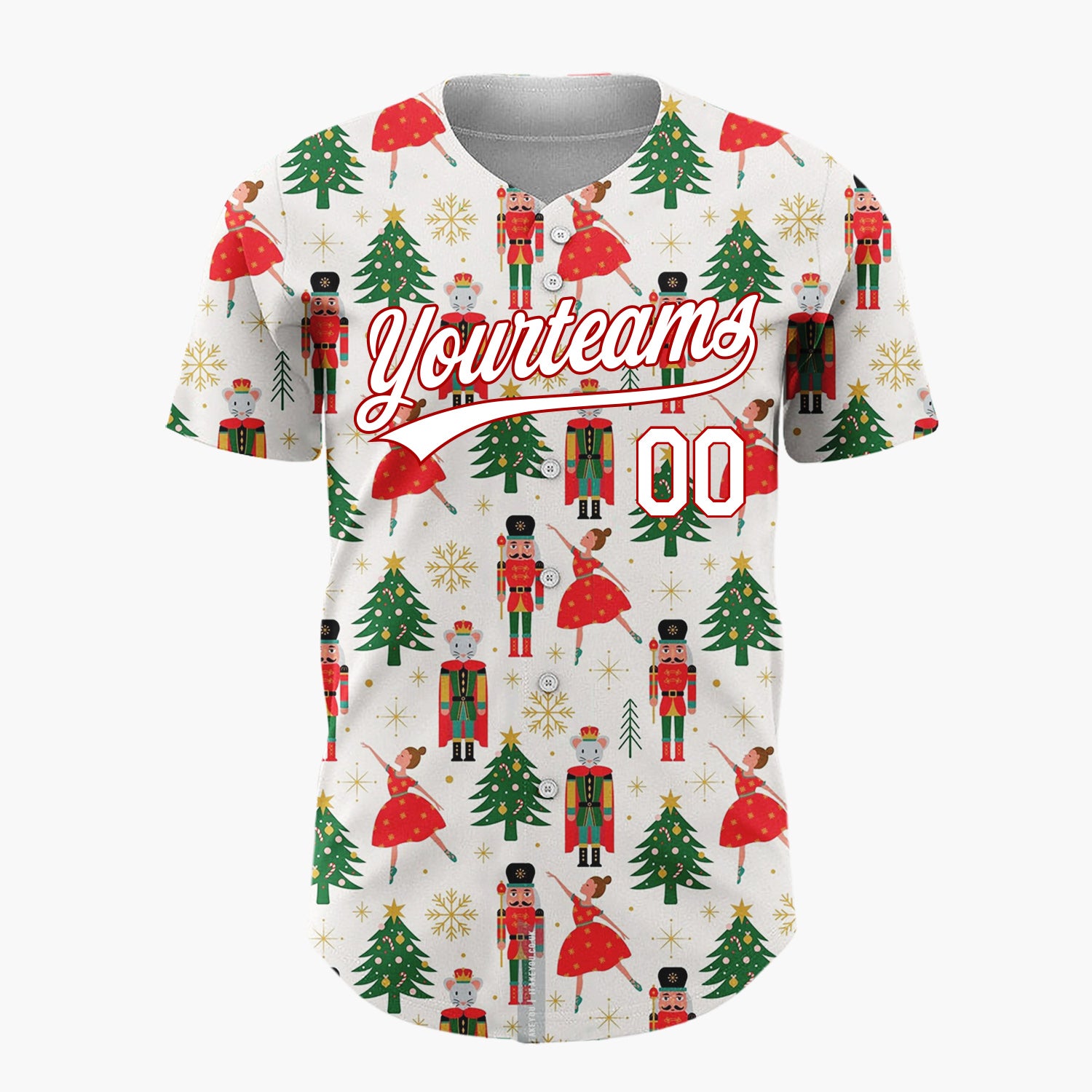Custom Cream Nutcrackers Ballerinas Trees Festive Illustration Christmas Baseball Jersey