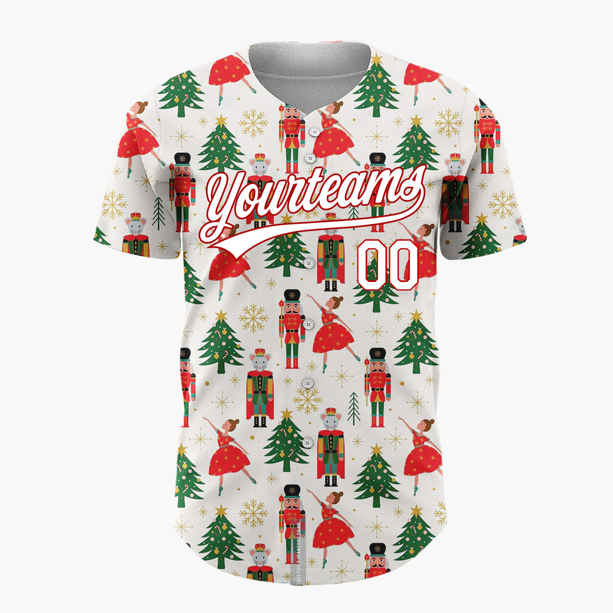 Custom Cream Nutcrackers Ballerinas Trees Festive Illustration Christmas Baseball Jersey