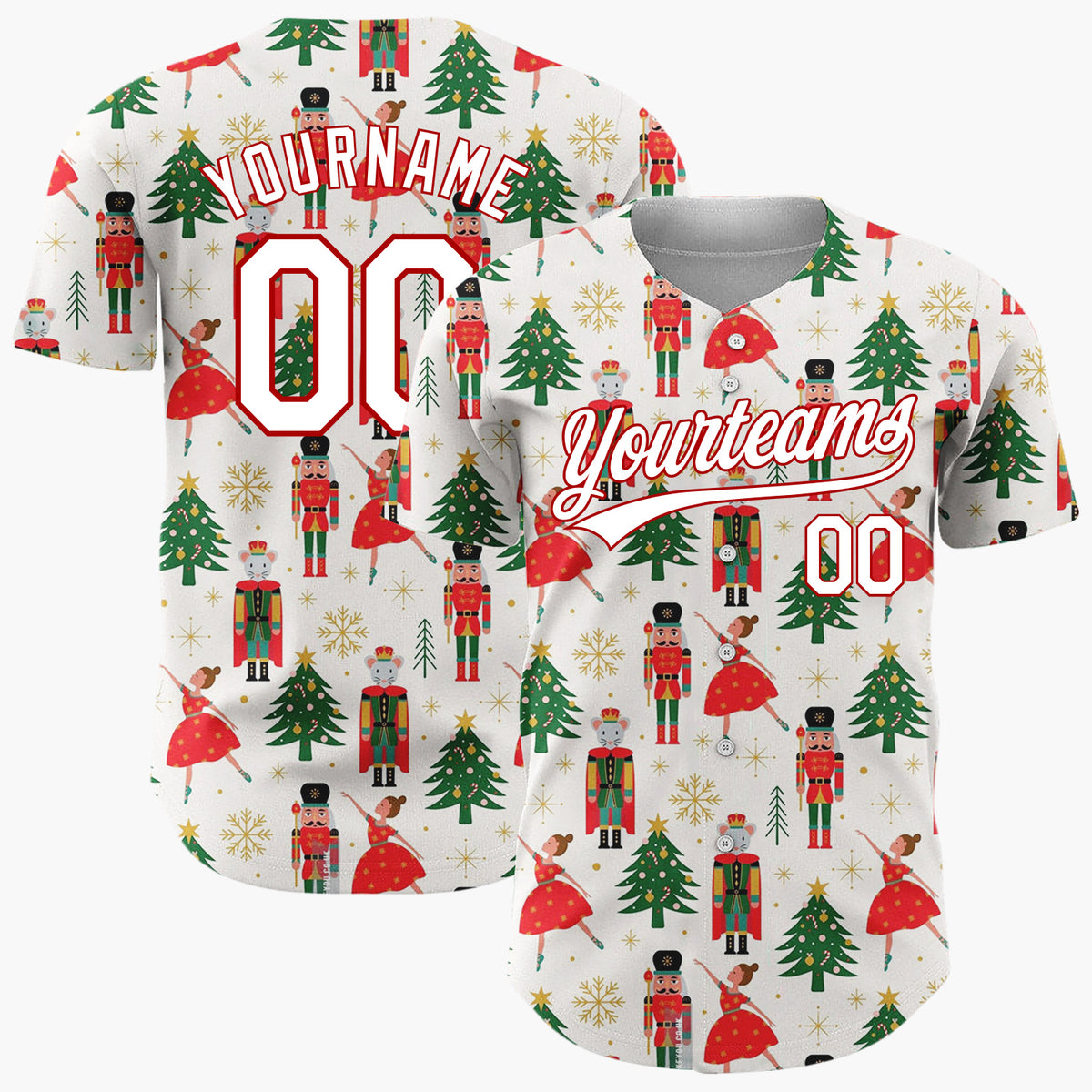 Custom Cream Nutcrackers Ballerinas Trees Festive Illustration Christmas Baseball Jersey