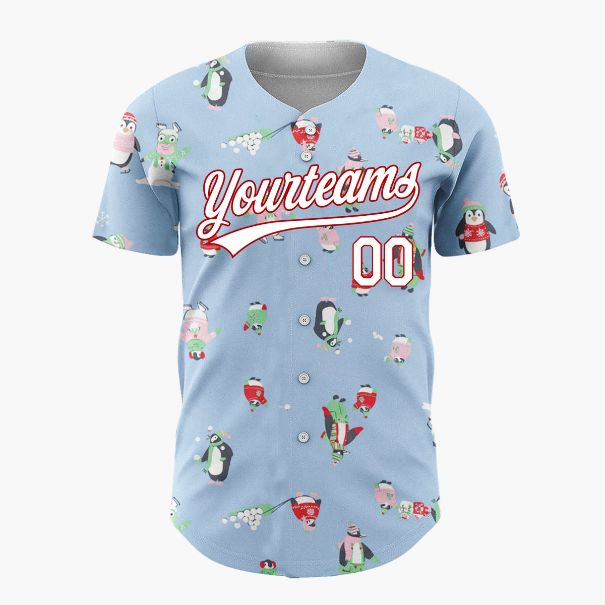 Custom Blue Green Penguins Monsters And Snowballs Fun Winter Pattern Christmas Baseball Jersey
