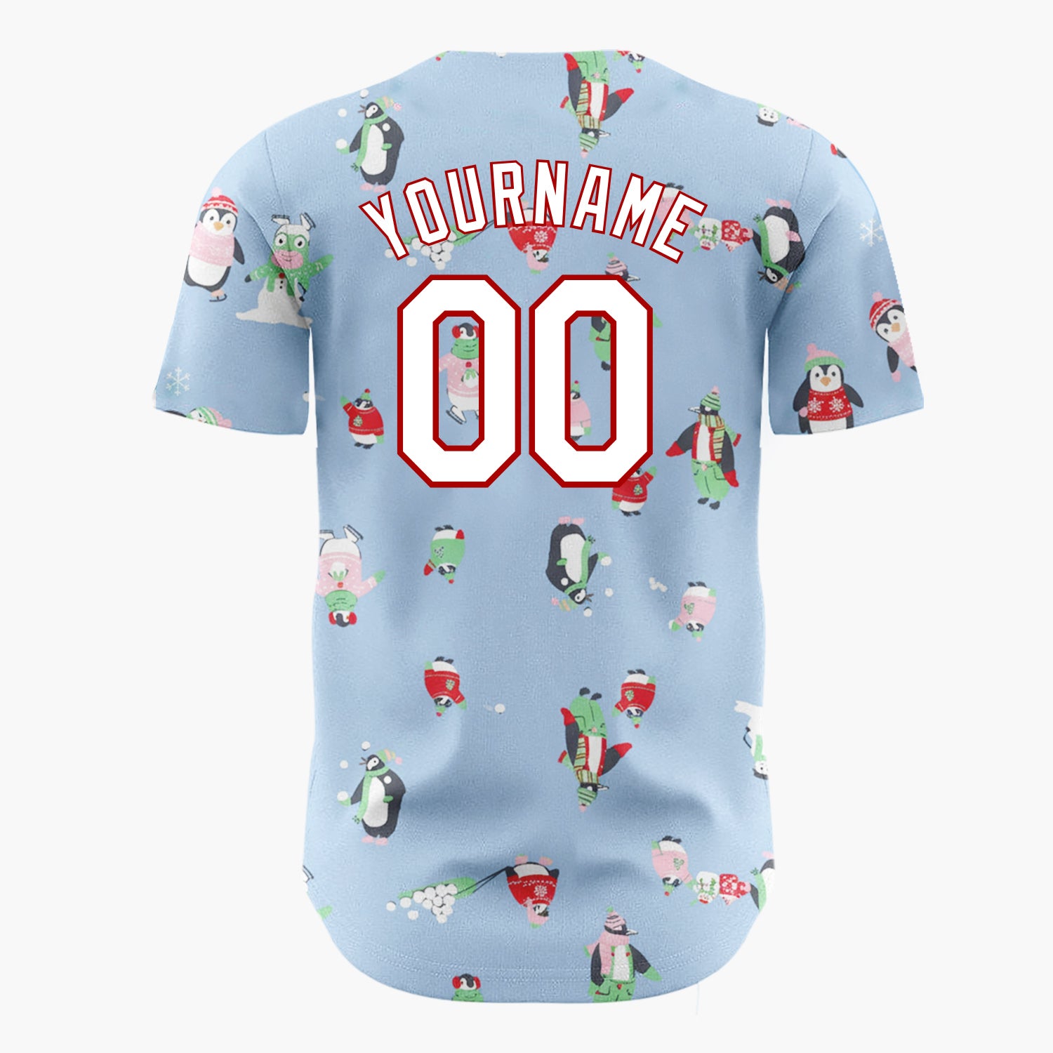 Custom Blue Green Penguins Monsters And Snowballs Fun Winter Pattern Christmas Baseball Jersey