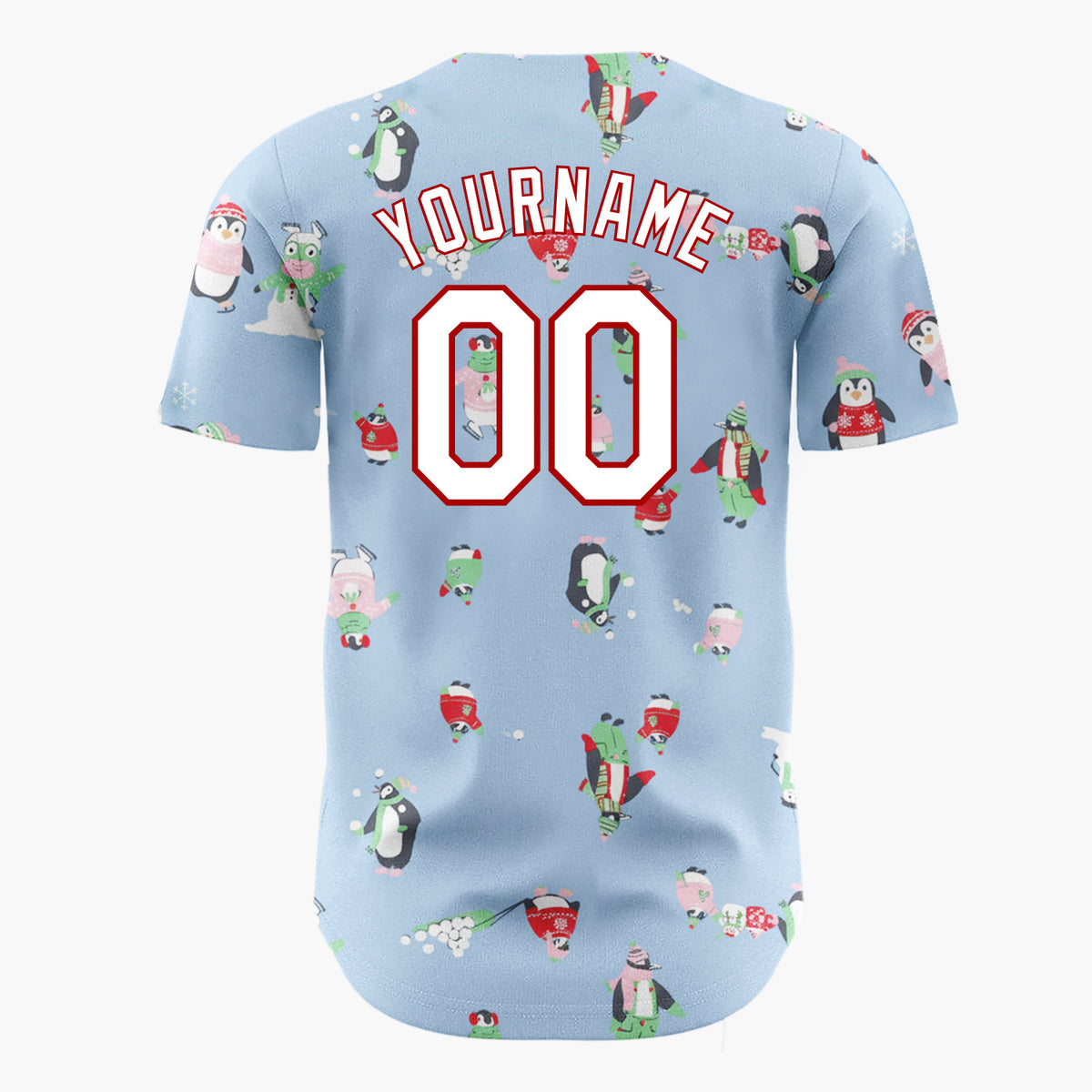 Custom Blue Green Penguins Monsters And Snowballs Fun Winter Pattern Christmas Baseball Jersey