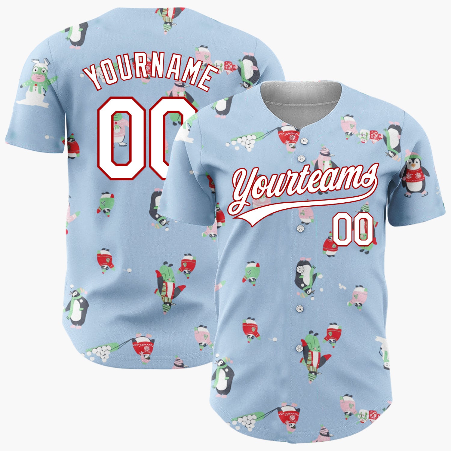 Custom Blue Green Penguins Monsters And Snowballs Fun Winter Pattern Christmas Baseball Jersey