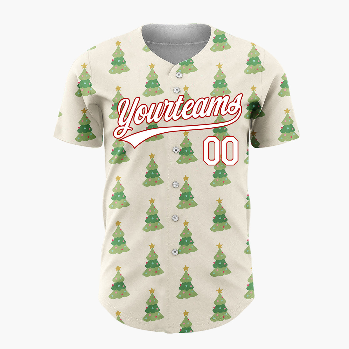 Custom Cream Green Decorated Christmas Trees Cute Pattern Christmas Baseball Jersey