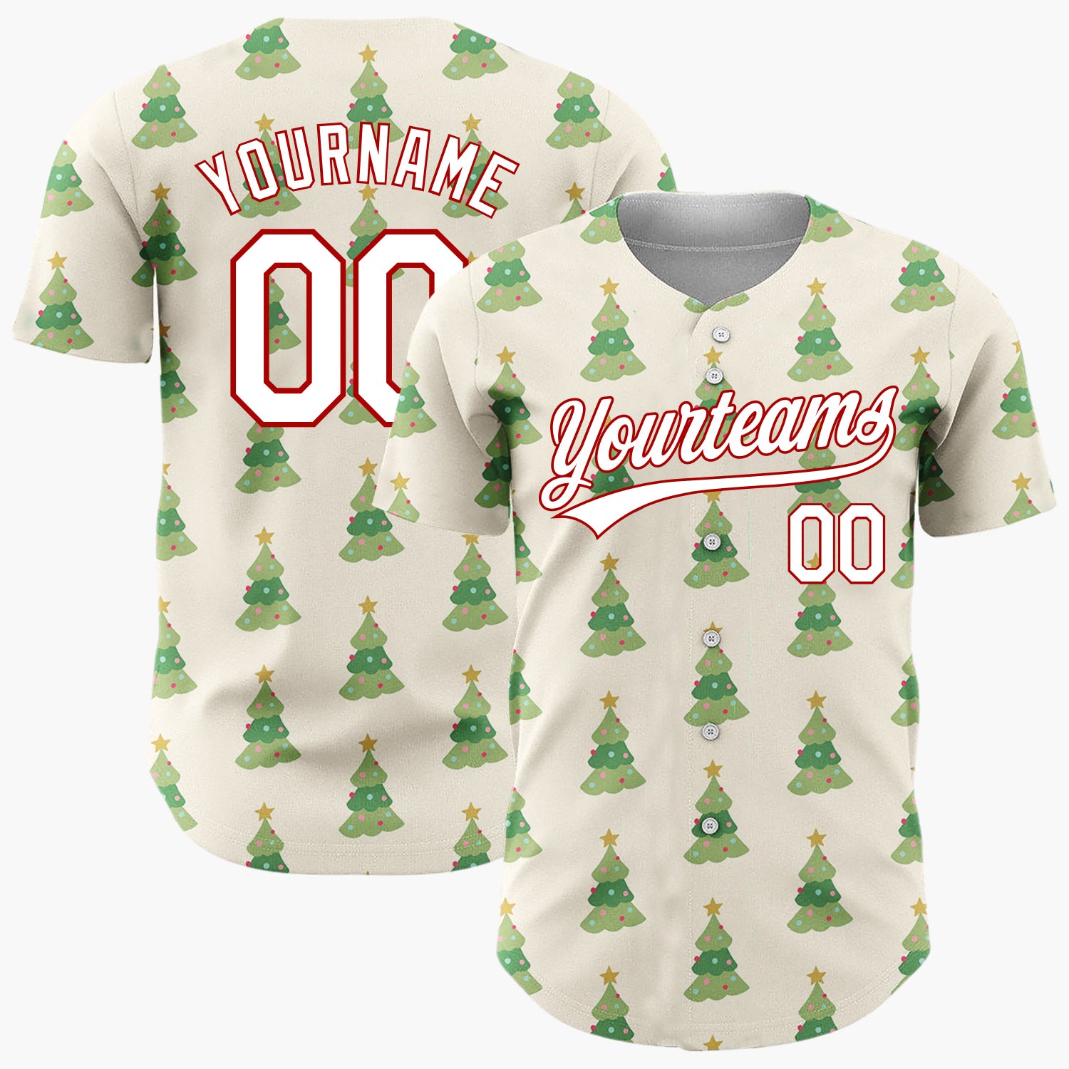 Custom Cream Green Decorated Christmas Trees Cute Pattern Christmas Baseball Jersey