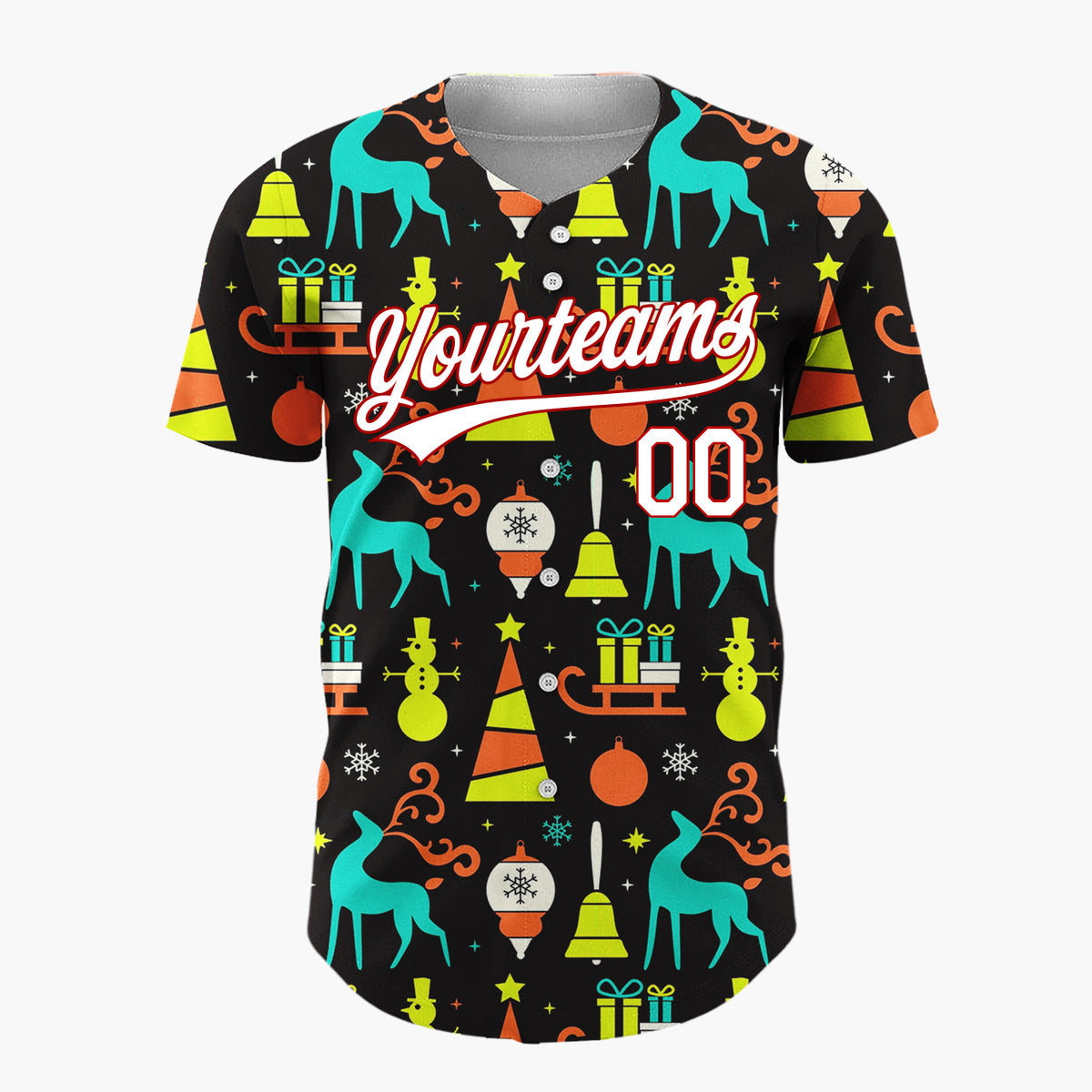 Custom Black Neon Reindeer Tree Geometric Christmas Baseball Jersey