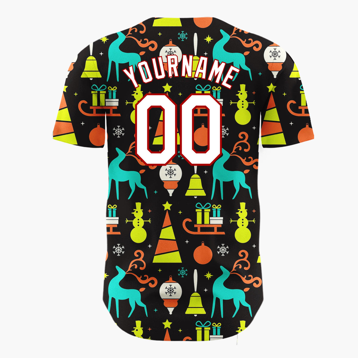 Custom Black Neon Reindeer Tree Geometric Christmas Baseball Jersey