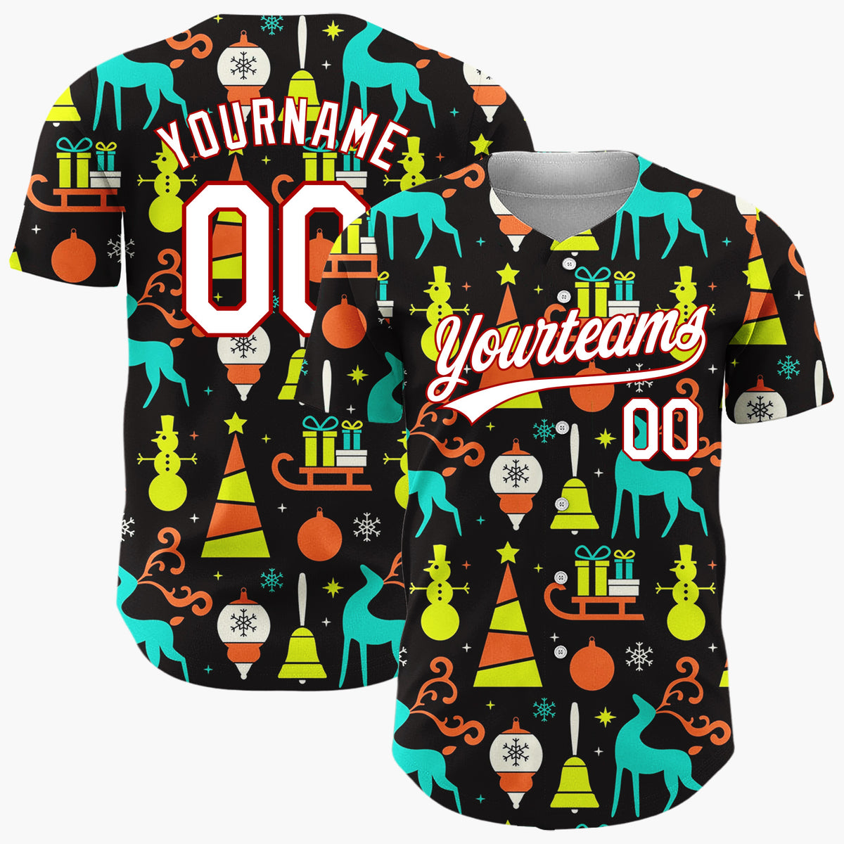 Custom Black Neon Reindeer Tree Geometric Christmas Baseball Jersey