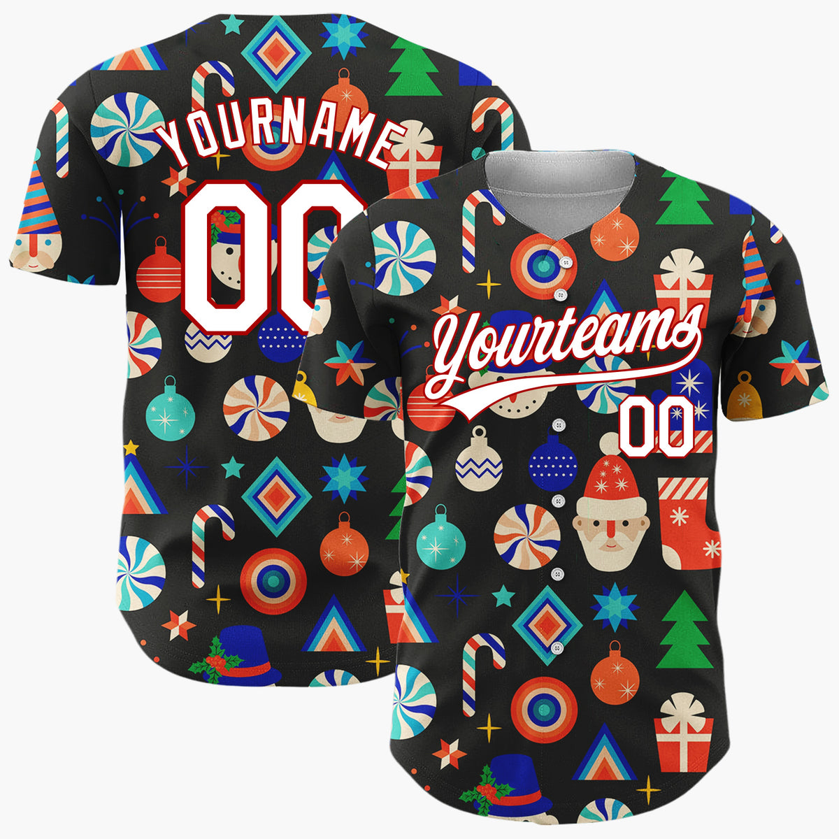 Custom Black White Snowflakes Graphic Christmas Tree Pattern Christmas Baseball Jersey