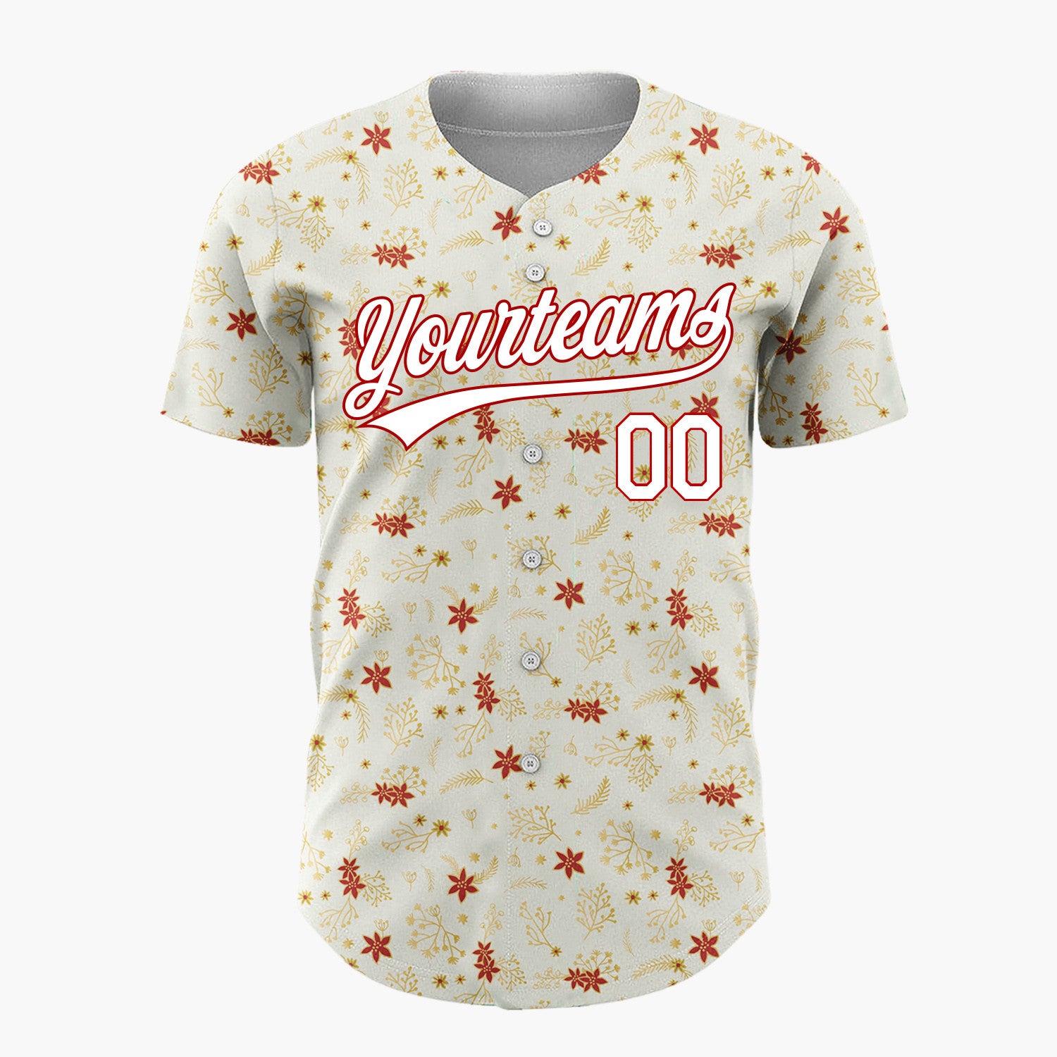 Custom Cream Gold Poinsettia Flowers And Leaves Minimal Christmas Baseball Jersey