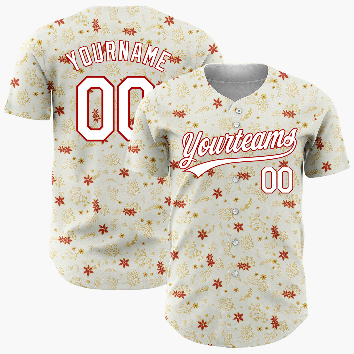 Custom Cream Gold Poinsettia Flowers And Leaves Minimal Christmas Baseball Jersey