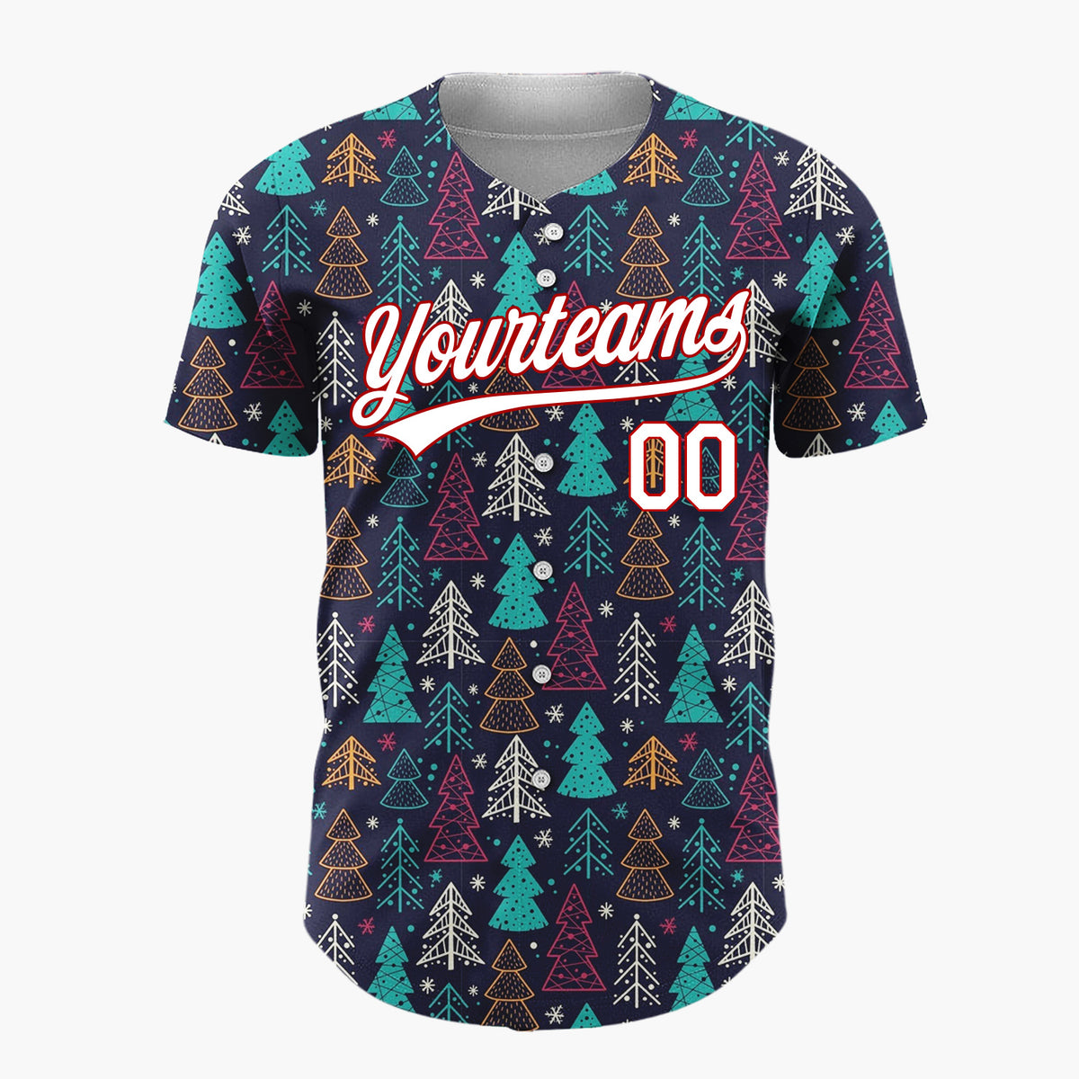 Custom Dark Blue Christmas Trees Festive Doodles Cartoon Pattern Christmas Baseball Jersey
