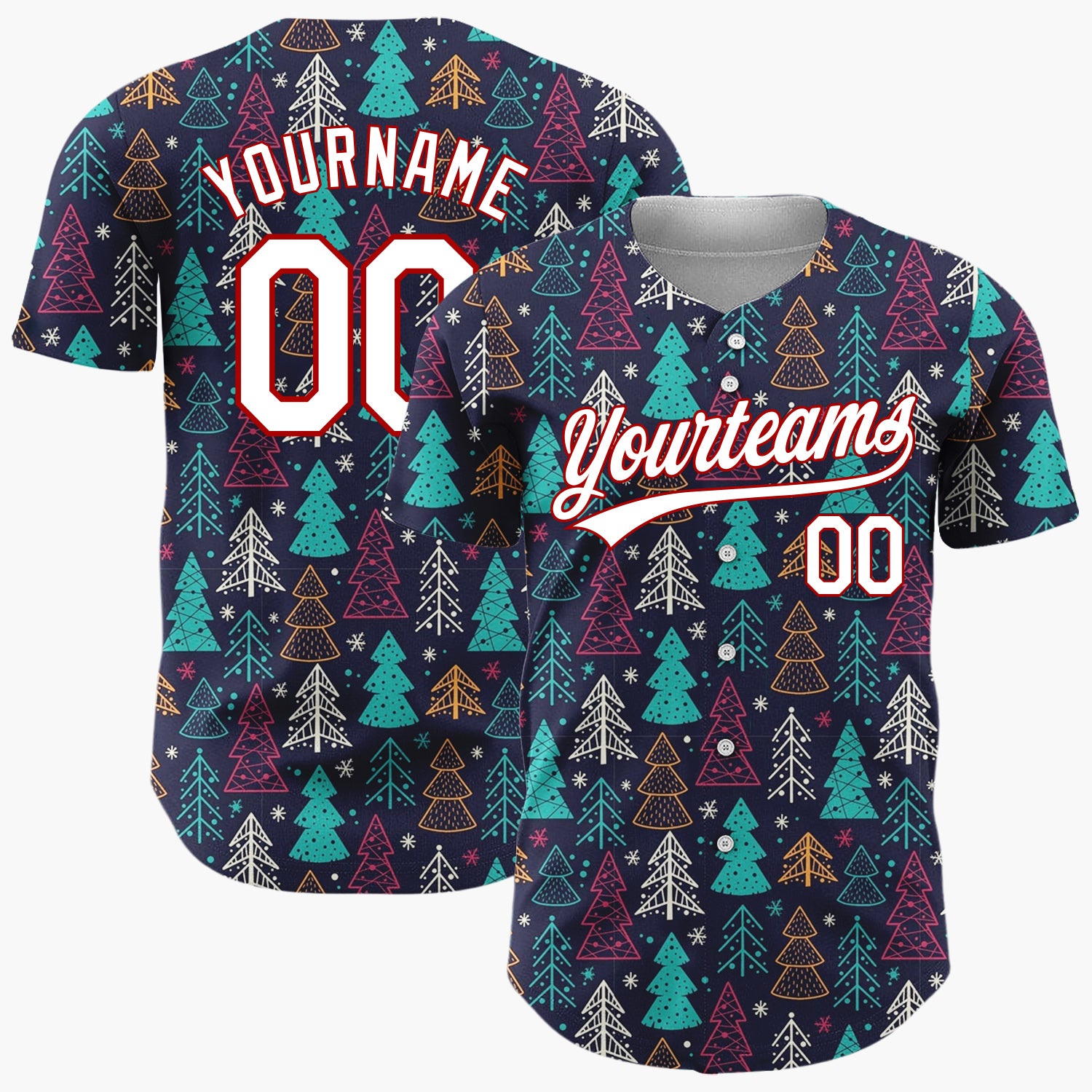 Custom Dark Blue Christmas Trees Festive Doodles Cartoon Pattern Christmas Baseball Jersey