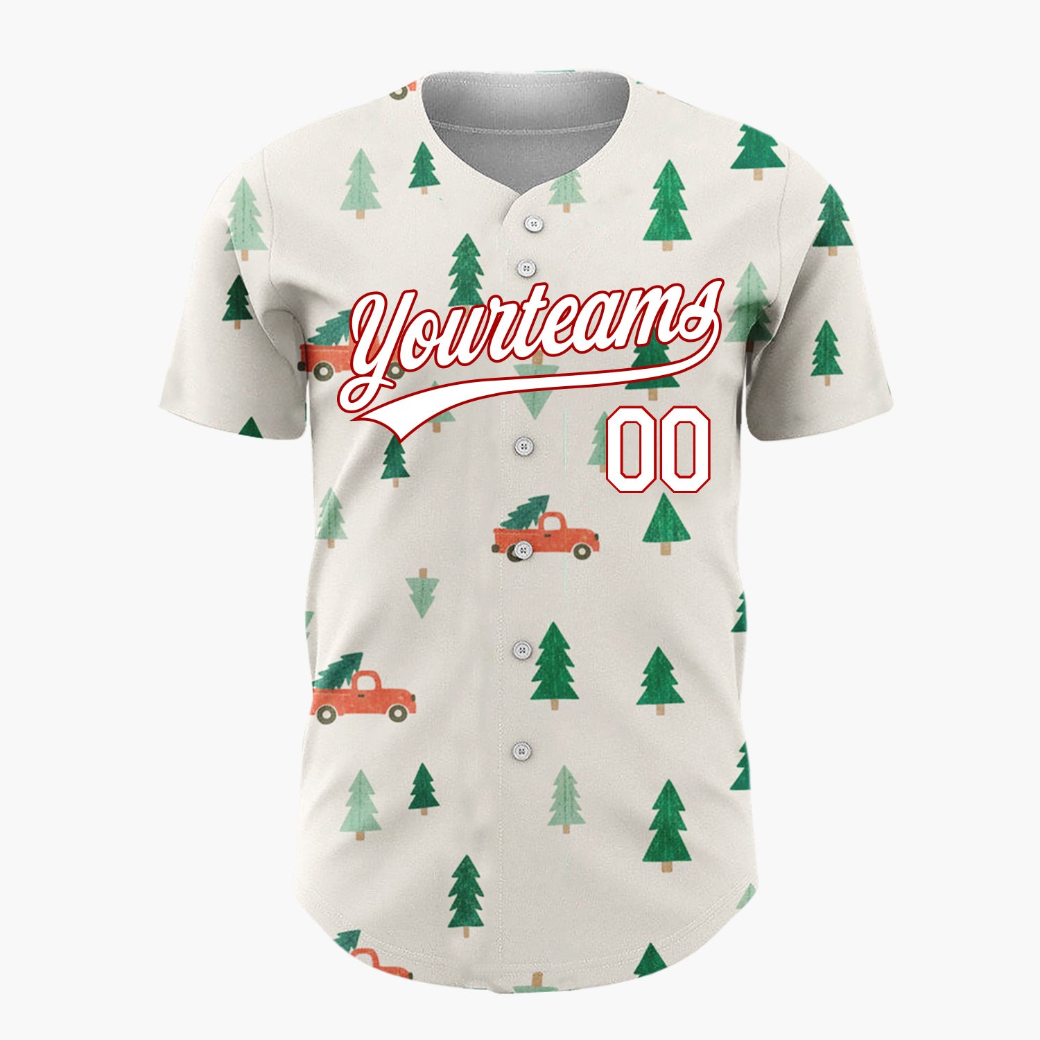 Custom Cream Green Christmas Trees And Trucks Vintage Holiday Pattern Christmas Baseball Jersey