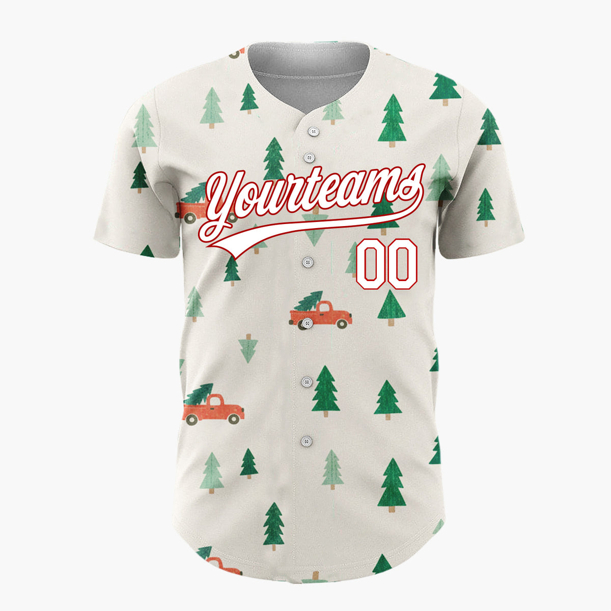 Custom Cream Green Christmas Trees And Trucks Vintage Holiday Pattern Christmas Baseball Jersey