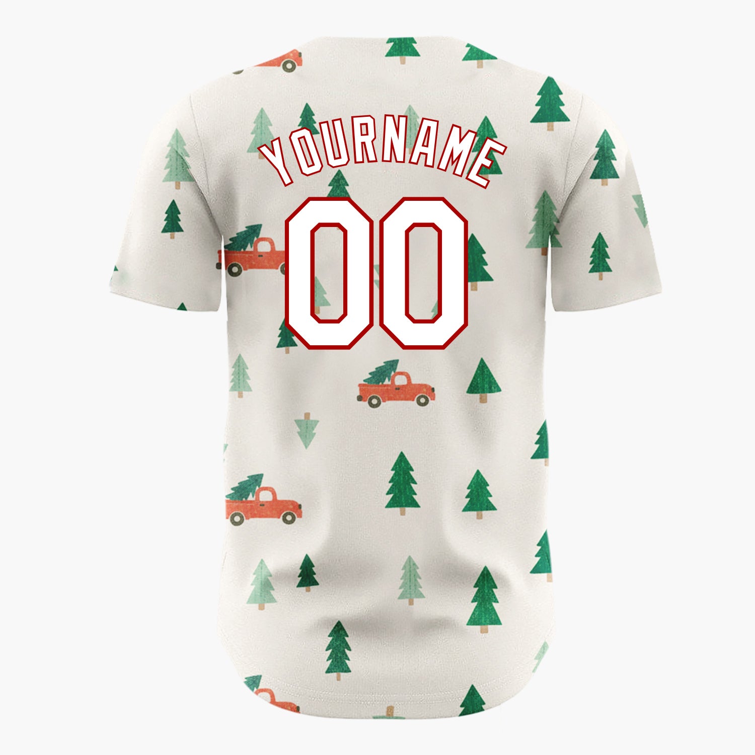 Custom Cream Green Christmas Trees And Trucks Vintage Holiday Pattern Christmas Baseball Jersey