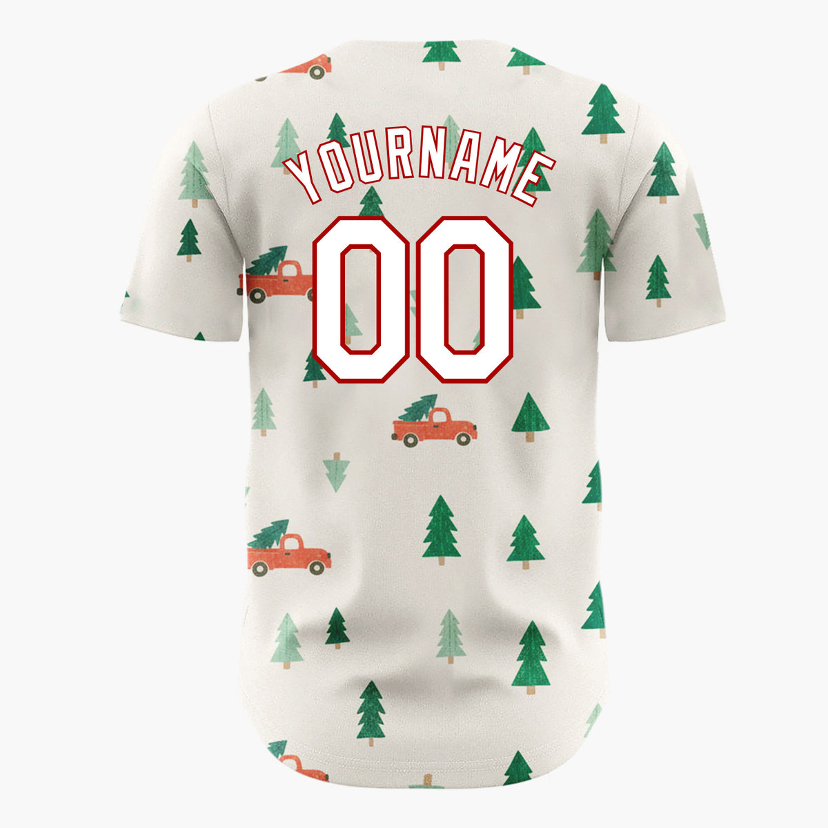 Custom Cream Green Christmas Trees And Trucks Vintage Holiday Pattern Christmas Baseball Jersey