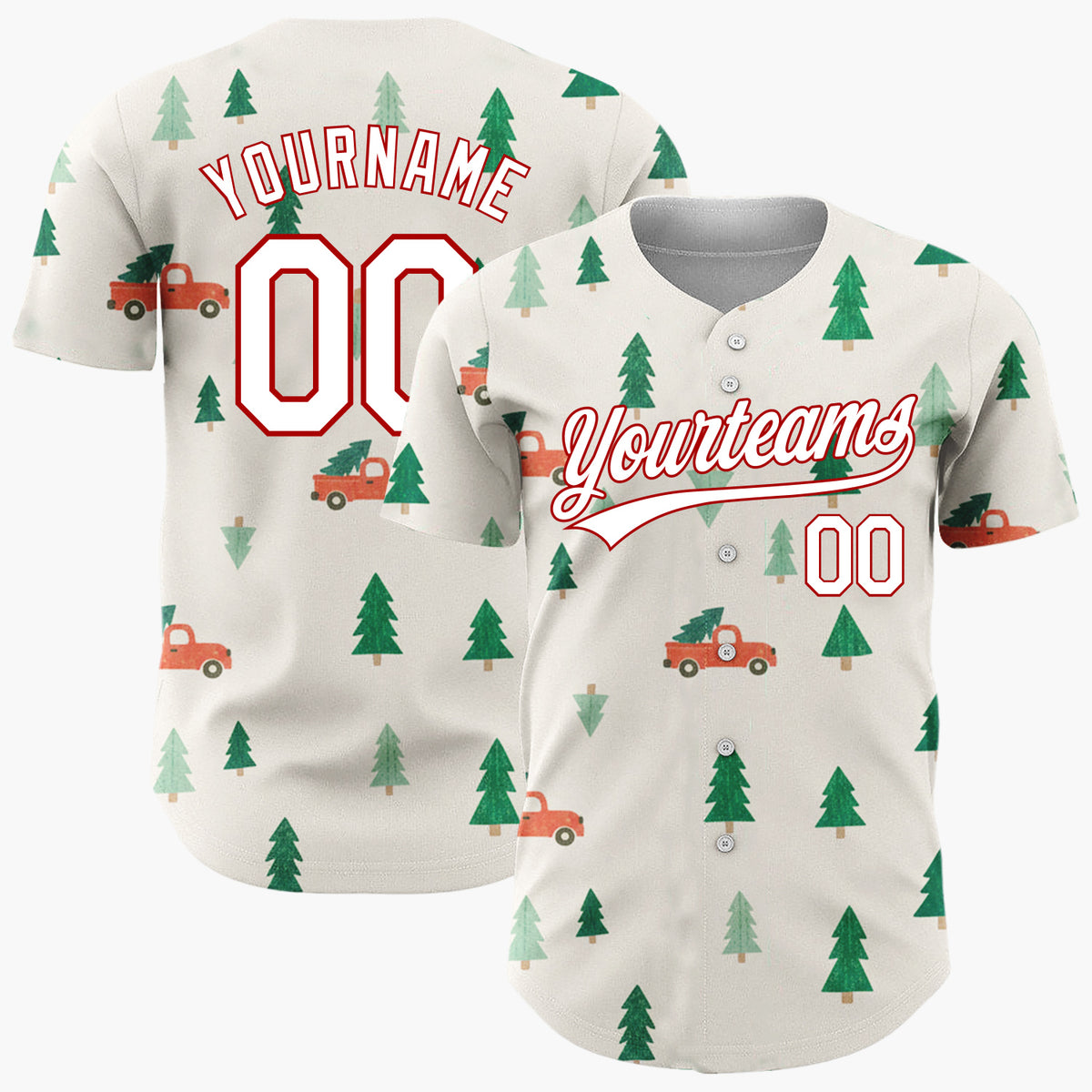 Custom Cream Green Christmas Trees And Trucks Vintage Holiday Pattern Christmas Baseball Jersey