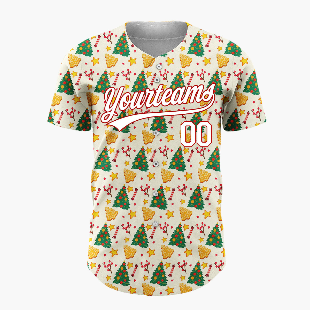 Custom Cream Green Red Christmas Trees Cookies And Stars Holiday Pattern Christmas Baseball Jersey