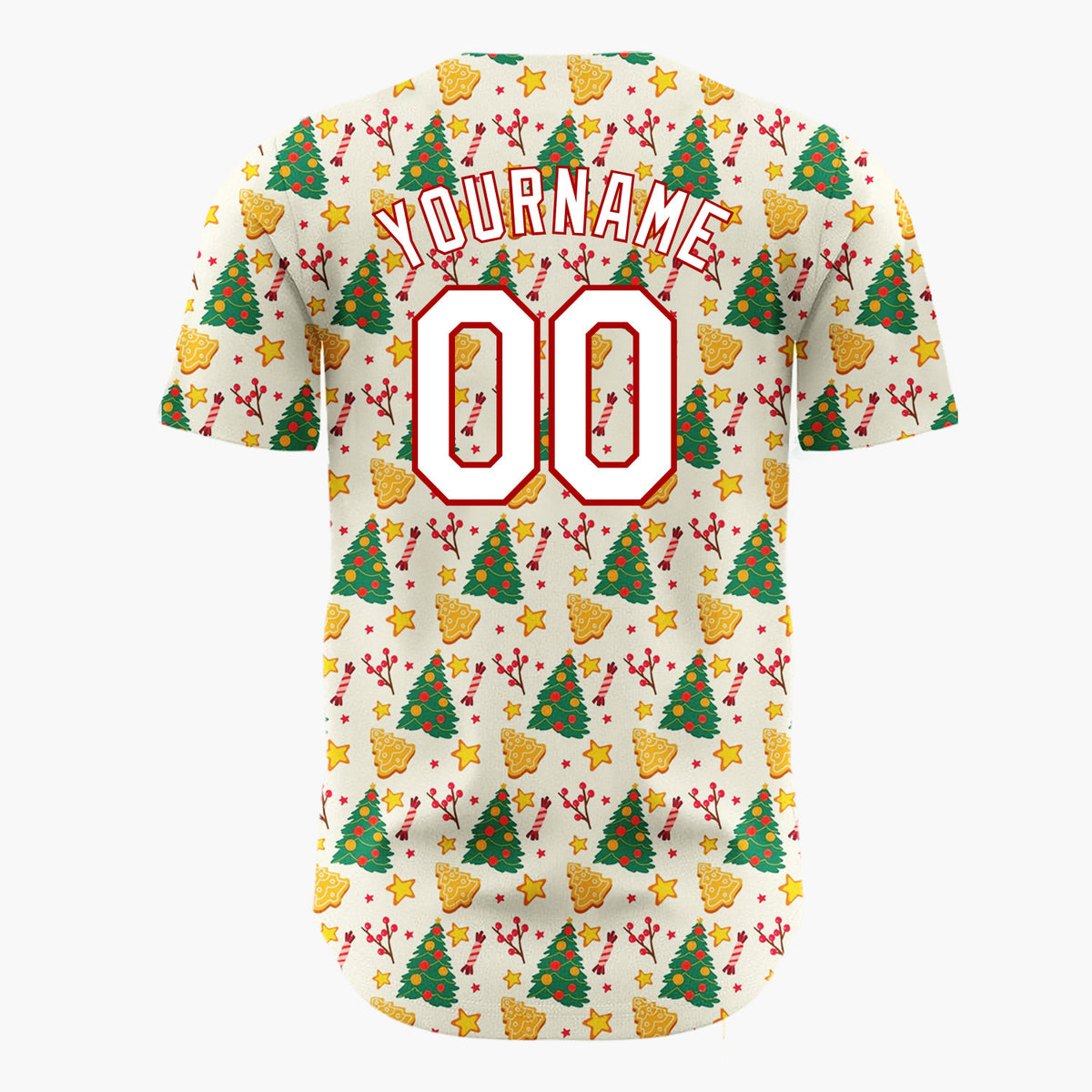 Custom Cream Green Red Christmas Trees Cookies And Stars Holiday Pattern Christmas Baseball Jersey