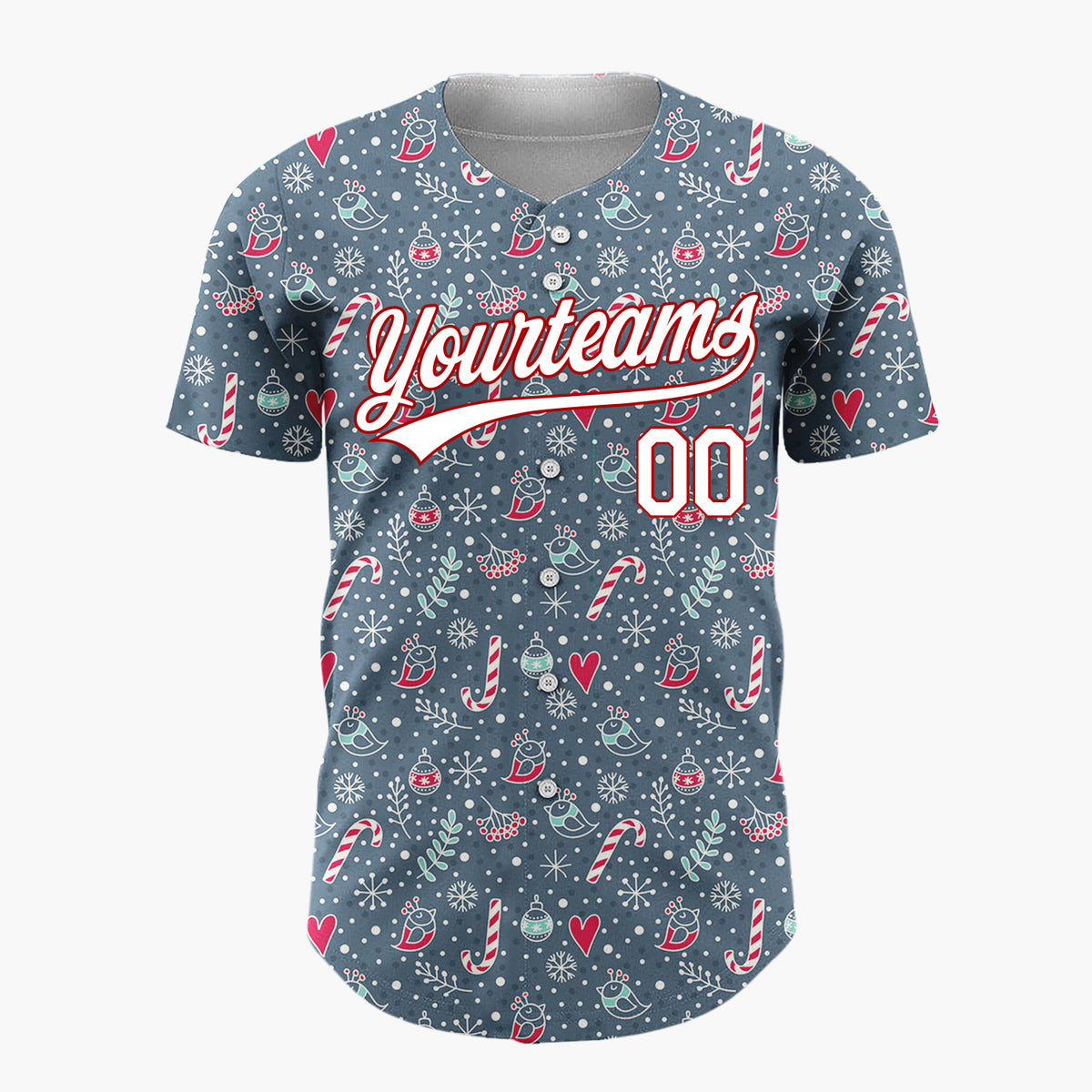 Custom Dark Blue Candy Canes Birds And Hearts Doodle Winter Pattern Christmas Baseball Jersey