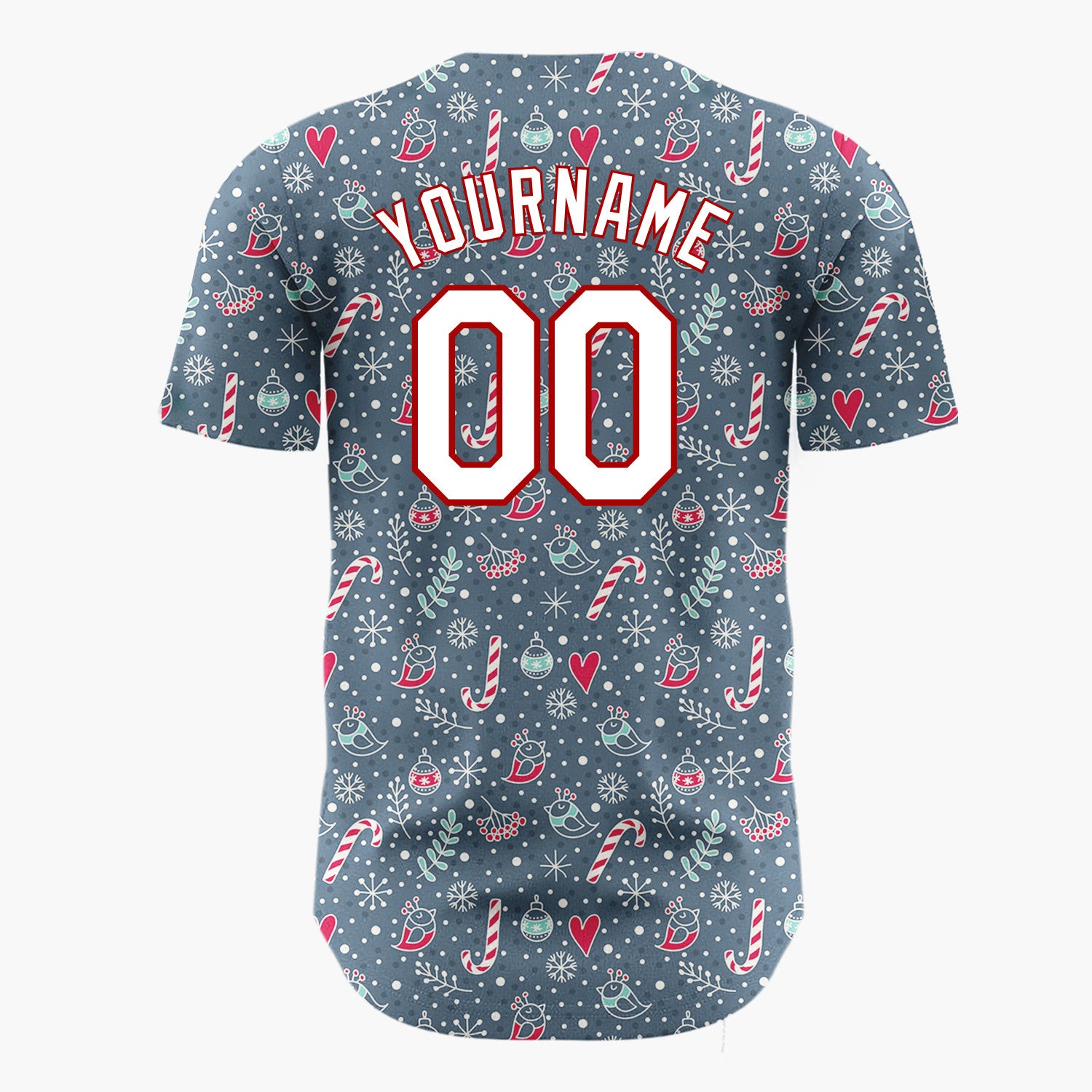 Custom Dark Blue Candy Canes Birds And Hearts Doodle Winter Pattern Christmas Baseball Jersey