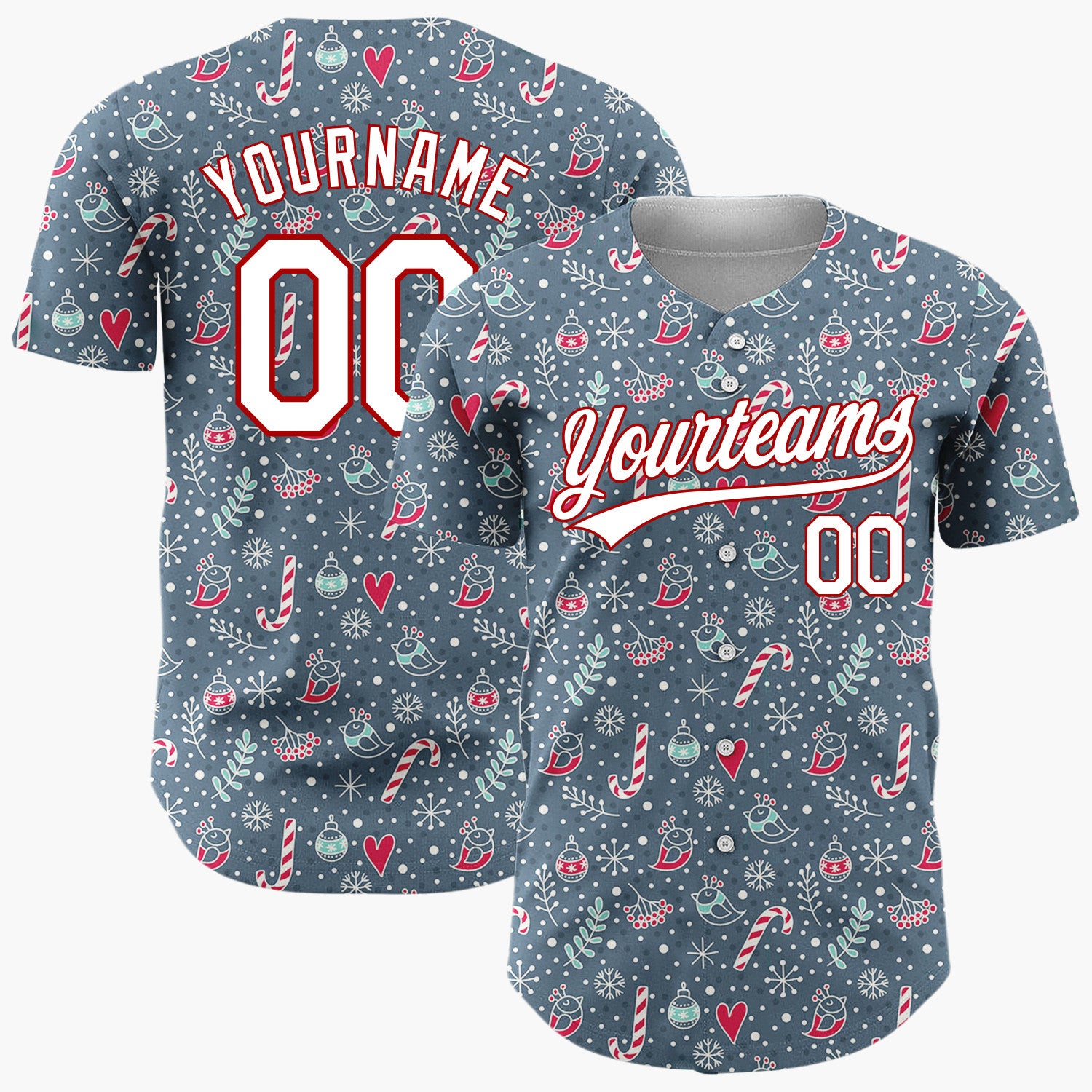 Custom Dark Blue Candy Canes Birds And Hearts Doodle Winter Pattern Christmas Baseball Jersey