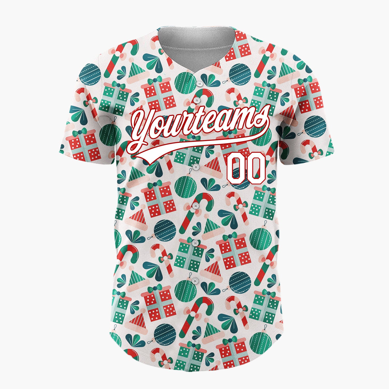 Custom Cream Green Red Festive Gifts And Candy Canes Christmas Baseball Jersey