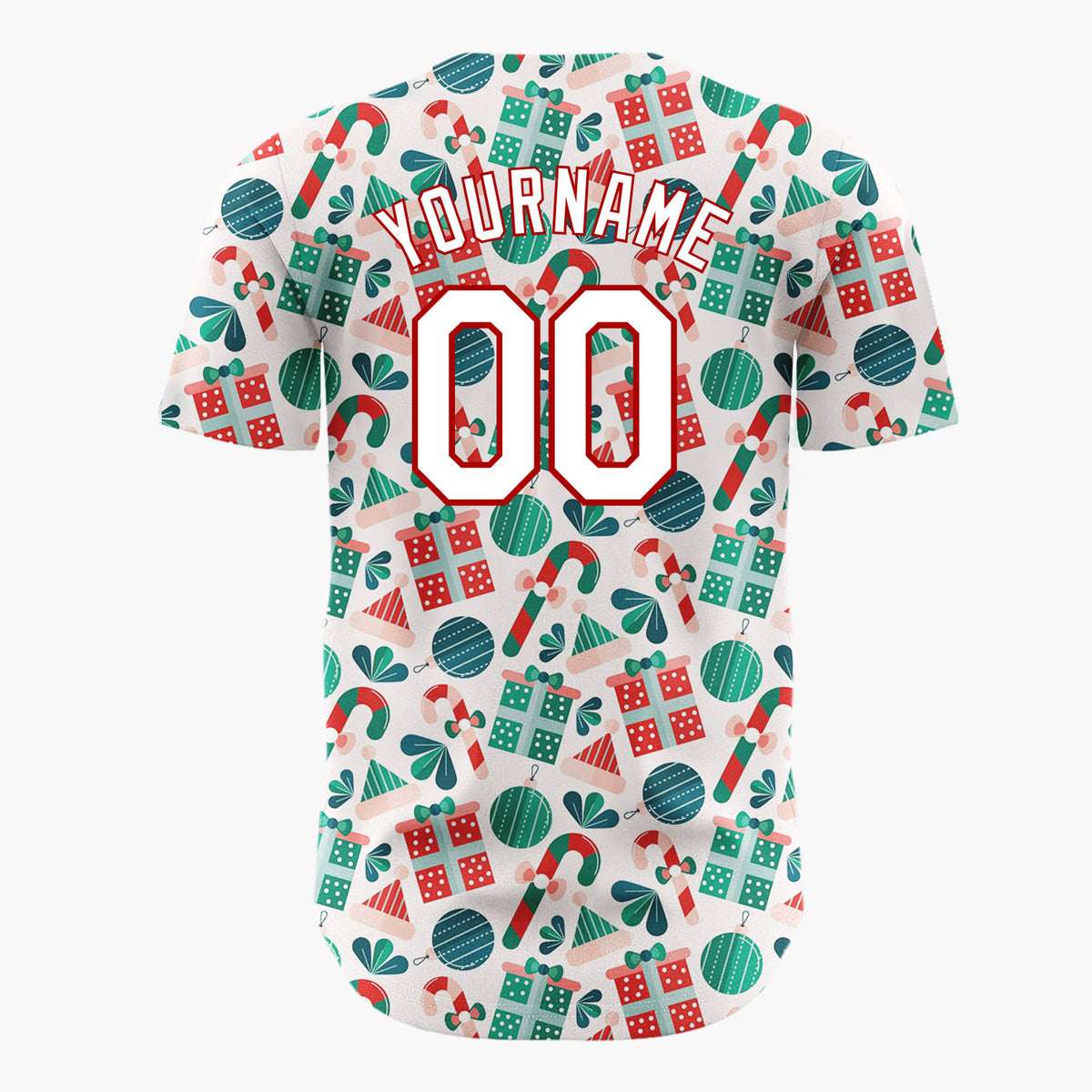 Custom Cream Green Red Festive Gifts And Candy Canes Christmas Baseball Jersey